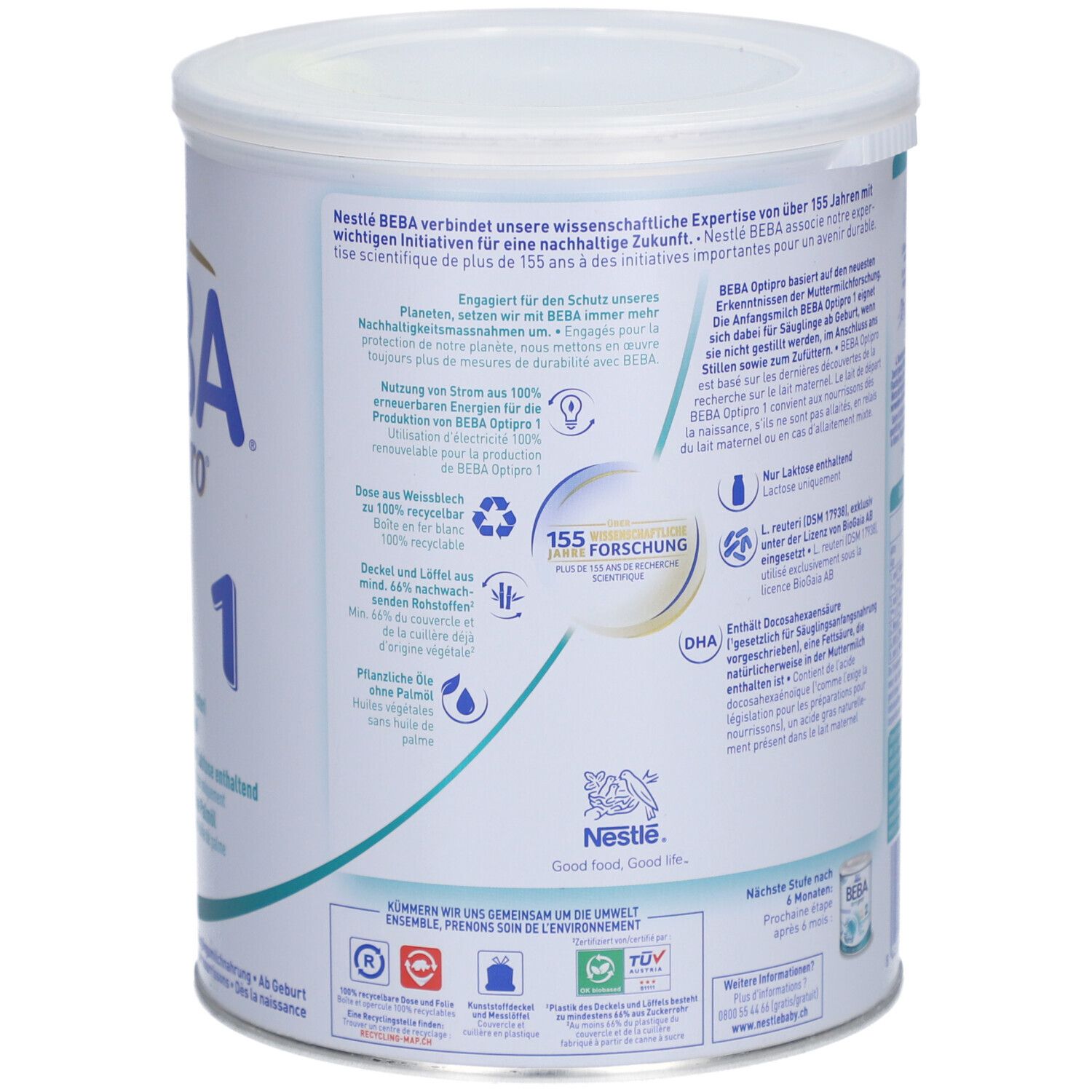 Rückseite der Dose BEBA Optipro 1. Informationen zu Nachhaltigkeit und Forschung. 800g.