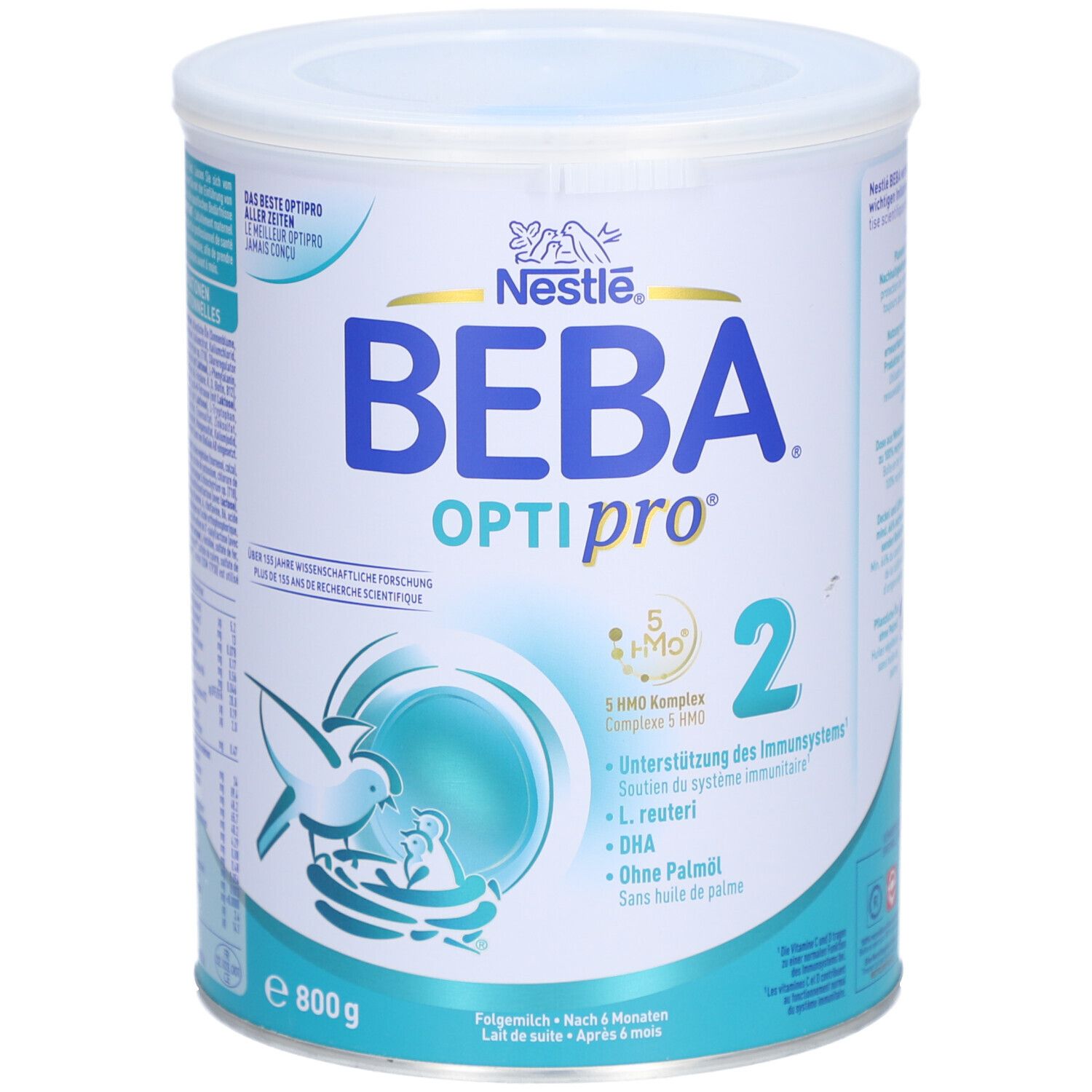 Runde Dose BEBA Optipro 2. Nestlé Logo. Blaue und weiße Verpackung. 800g. Mit 5 HMO Komplex, DHA, ohne Palmöl.