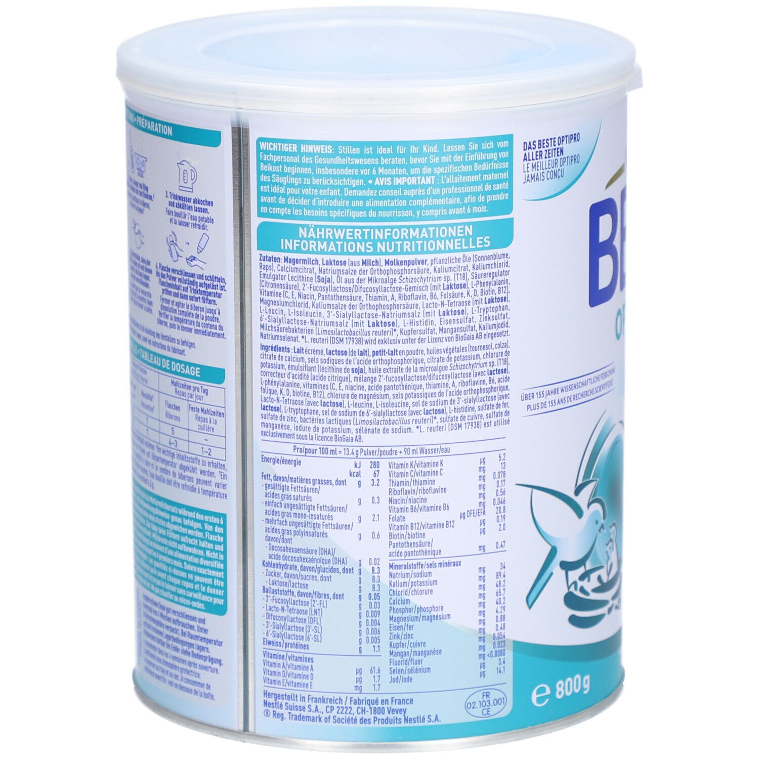 Rückseite der Dose BEBA Optipro 2. Nährwertinformationen und Inhaltsstoffe. Text in Deutsch, Französisch, Italienisch und Niederländisch.