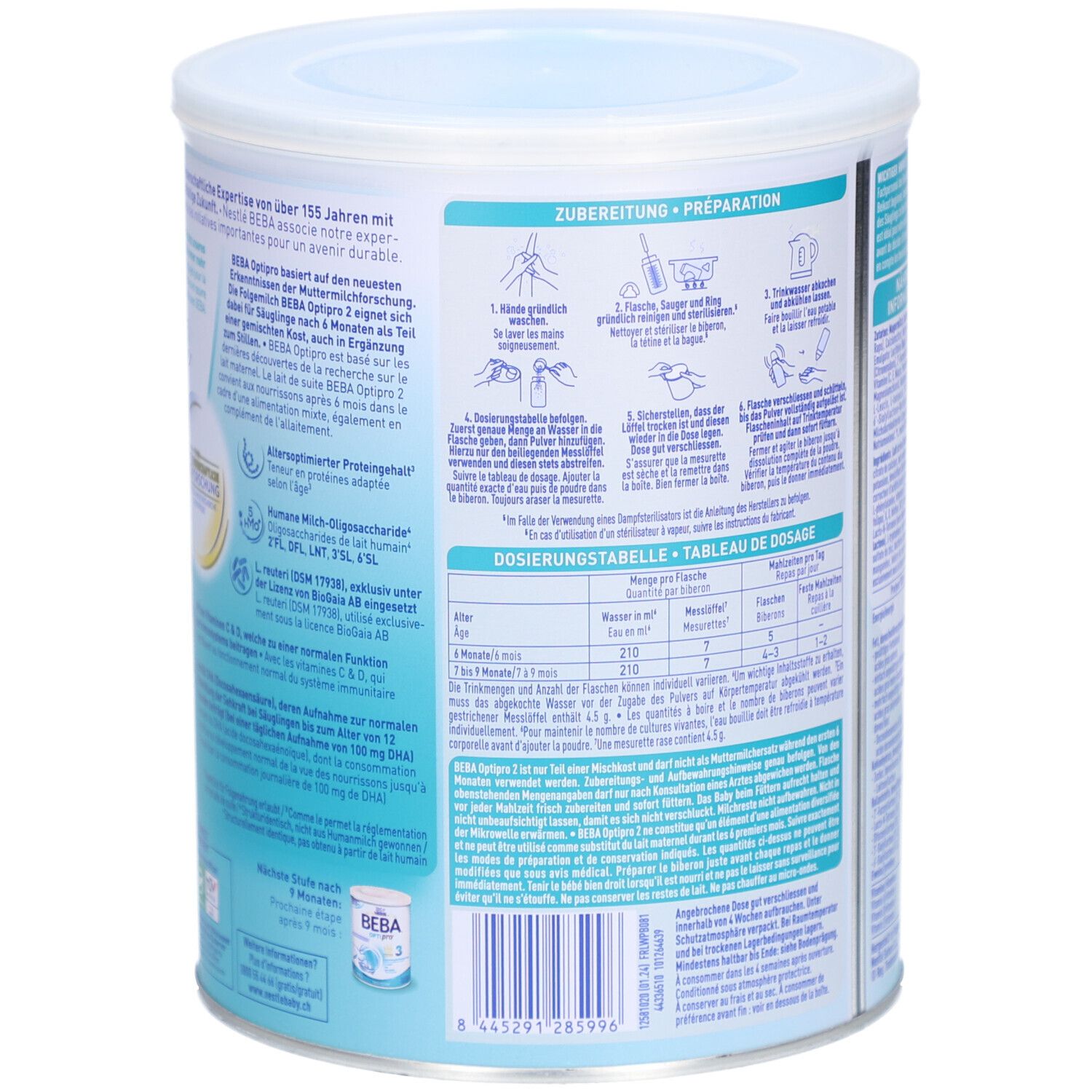 Rückseite der Dose BEBA Optipro 2. Zubereitungshinweise und Dosierungstabelle. Text in Deutsch, Französisch, Italienisch und Niederländisch.
