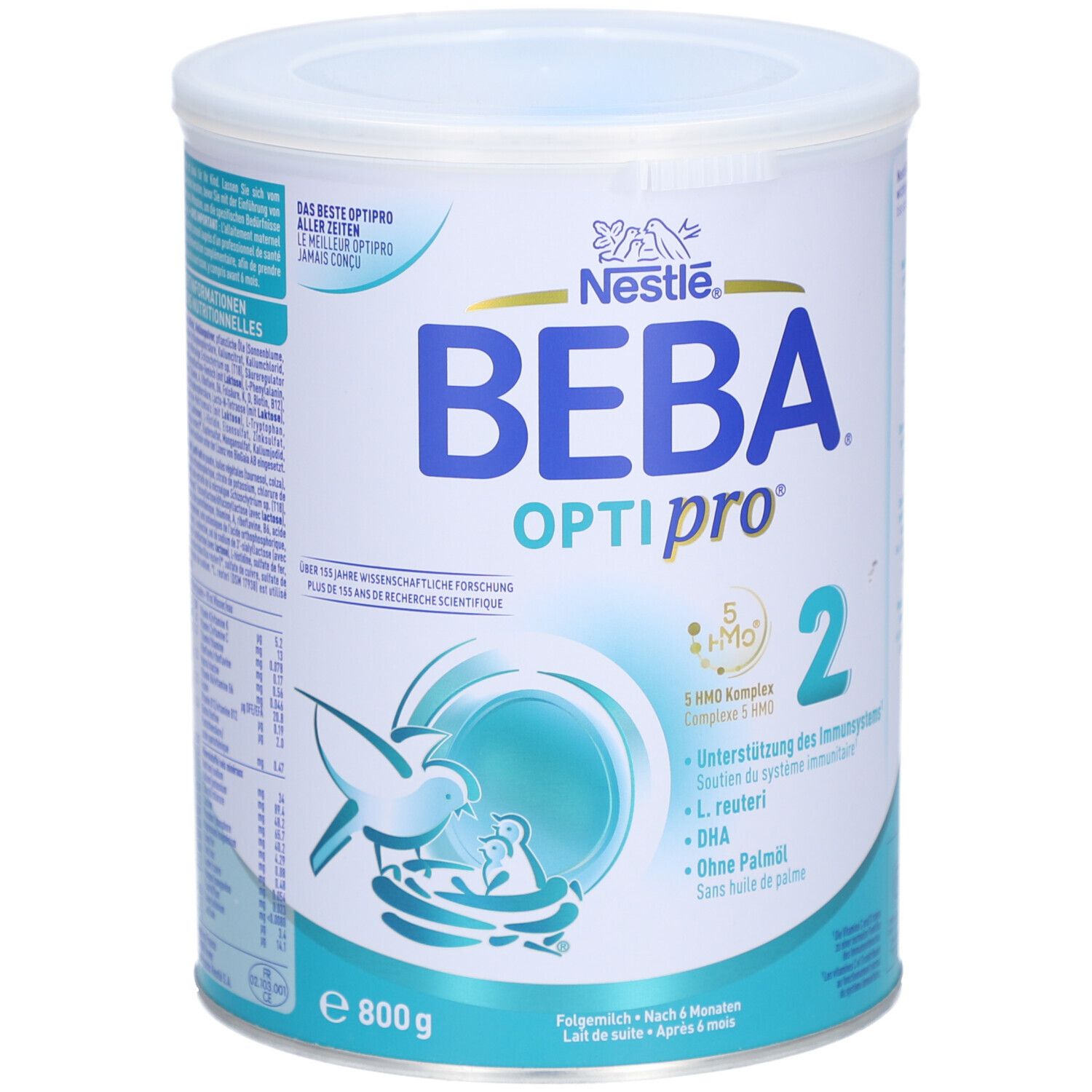 Runde Dose BEBA Optipro 2. Nestlé Logo. Blaue und weiße Verpackung. 800g. Mit 5 HMO Komplex, DHA, ohne Palmöl.