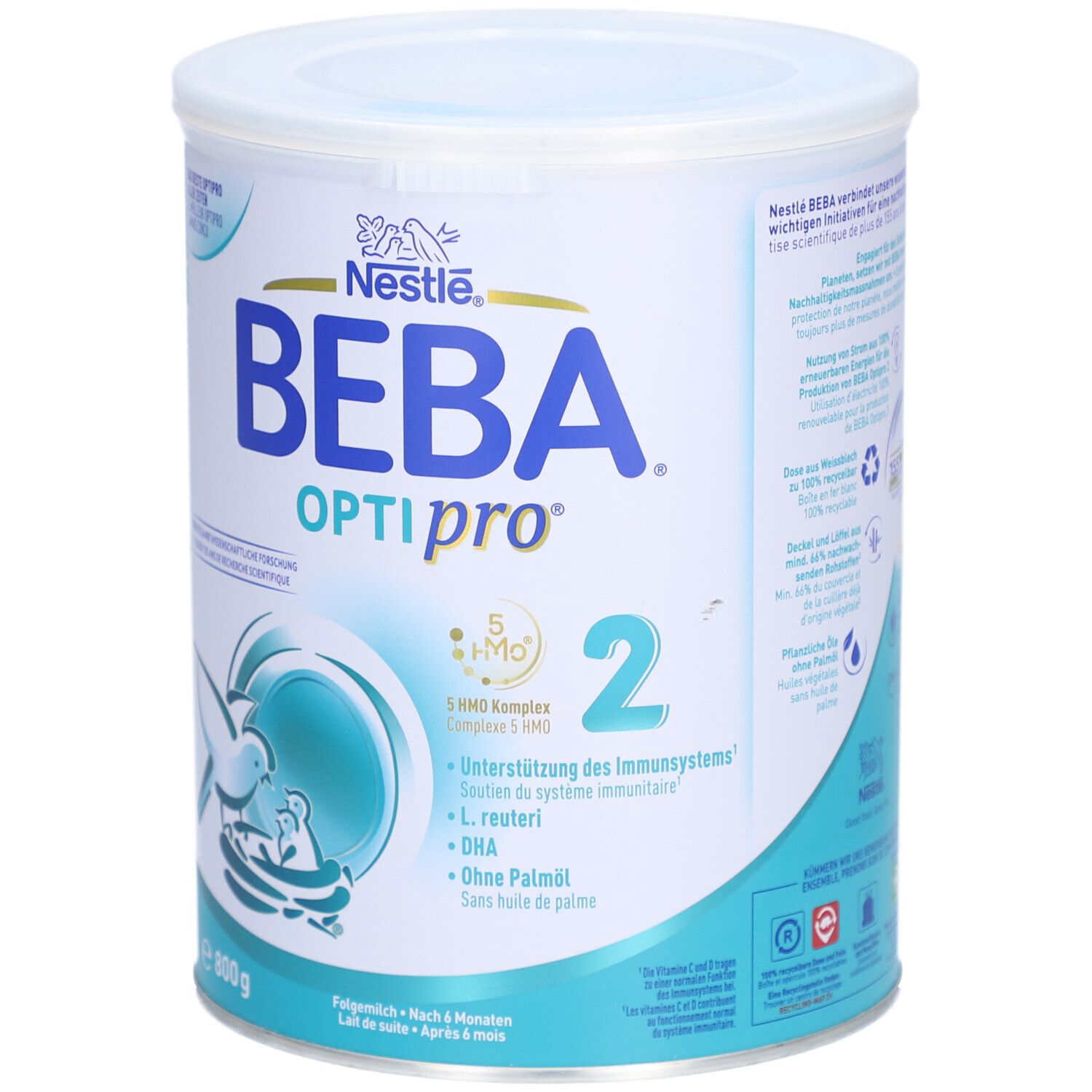 Runde Dose BEBA Optipro 2. Nestlé Logo. Blaue und weiße Verpackung. 800g. Mit 5 HMO Komplex, DHA, ohne Palmöl.
