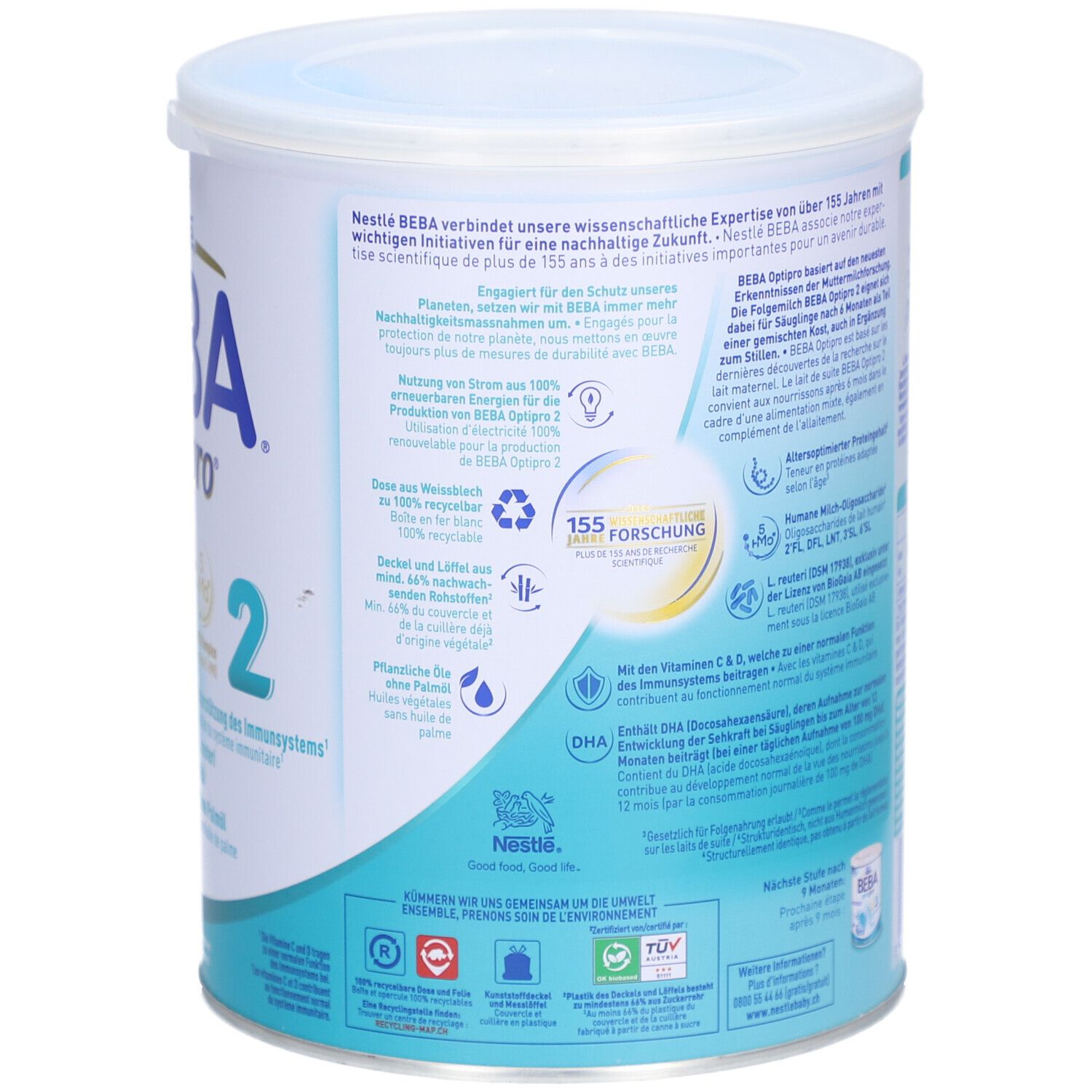 Rückseite der Dose BEBA Optipro 2. Informationen zu Nachhaltigkeit und Inhaltsstoffen. Text in Deutsch, Französisch, Italienisch und Niederländisch.