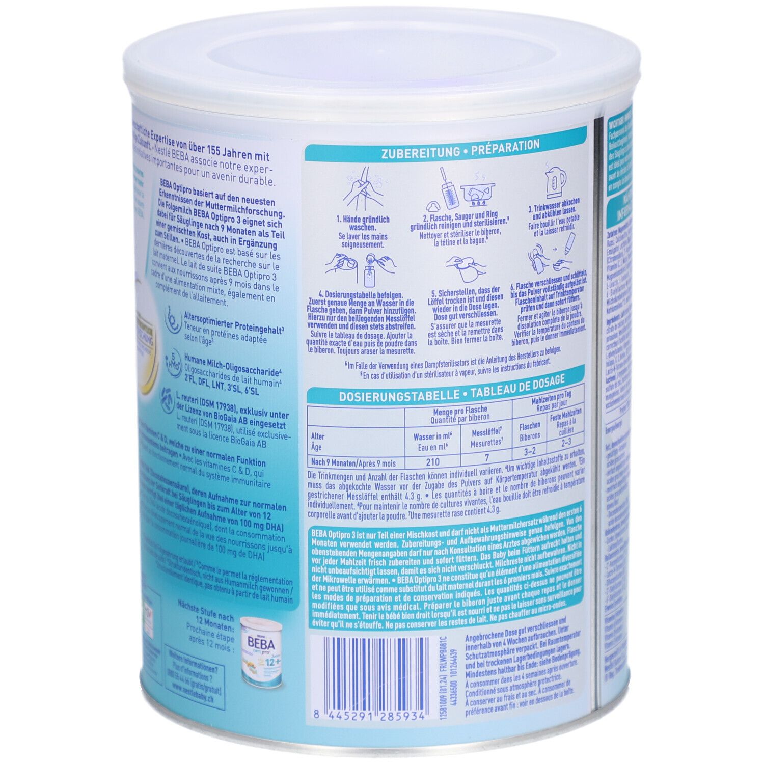 Rückseite der BEBA Optipro 3 Dose. Zubereitungshinweise. Dosierungstabelle. Nestlé. Informationen in Deutsch, Französisch, Italienisch, Niederländisch.