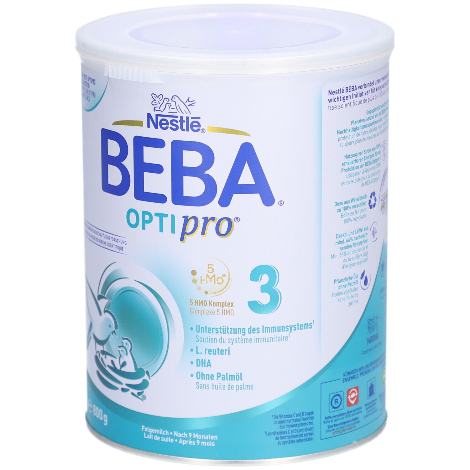 BEBA Optipro 3 Folgemilch Dose. Nestlé Logo. 800g. 3, S HMO Komplex, L. reuteri, DHA, ohne Palmöl. Ab 9 Monate.
