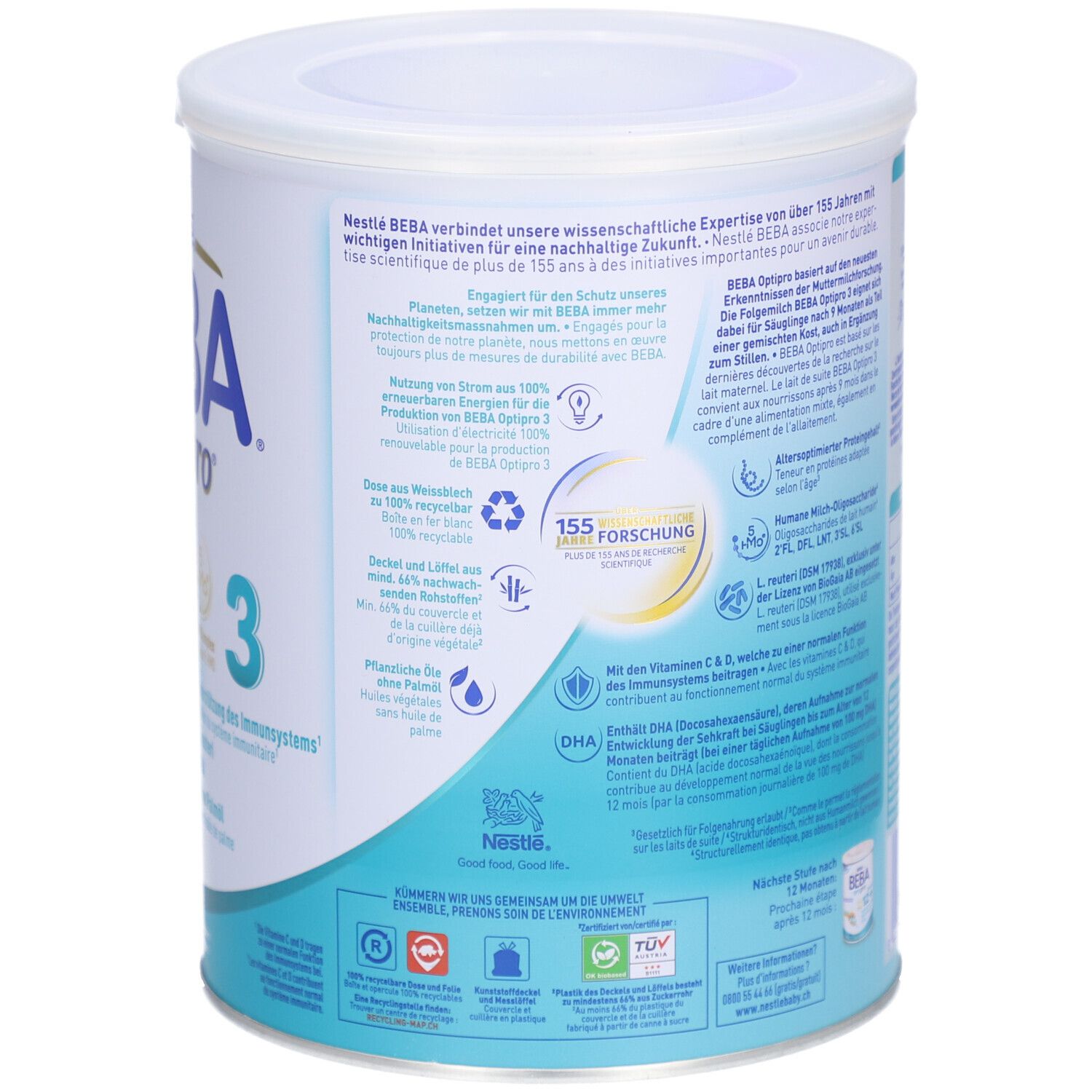 Rückseite der BEBA Optipro 3 Dose. Informationen zu Forschung, Recycling, Inhaltsstoffen. Nestlé Logo. 155 Jahre Forschung.