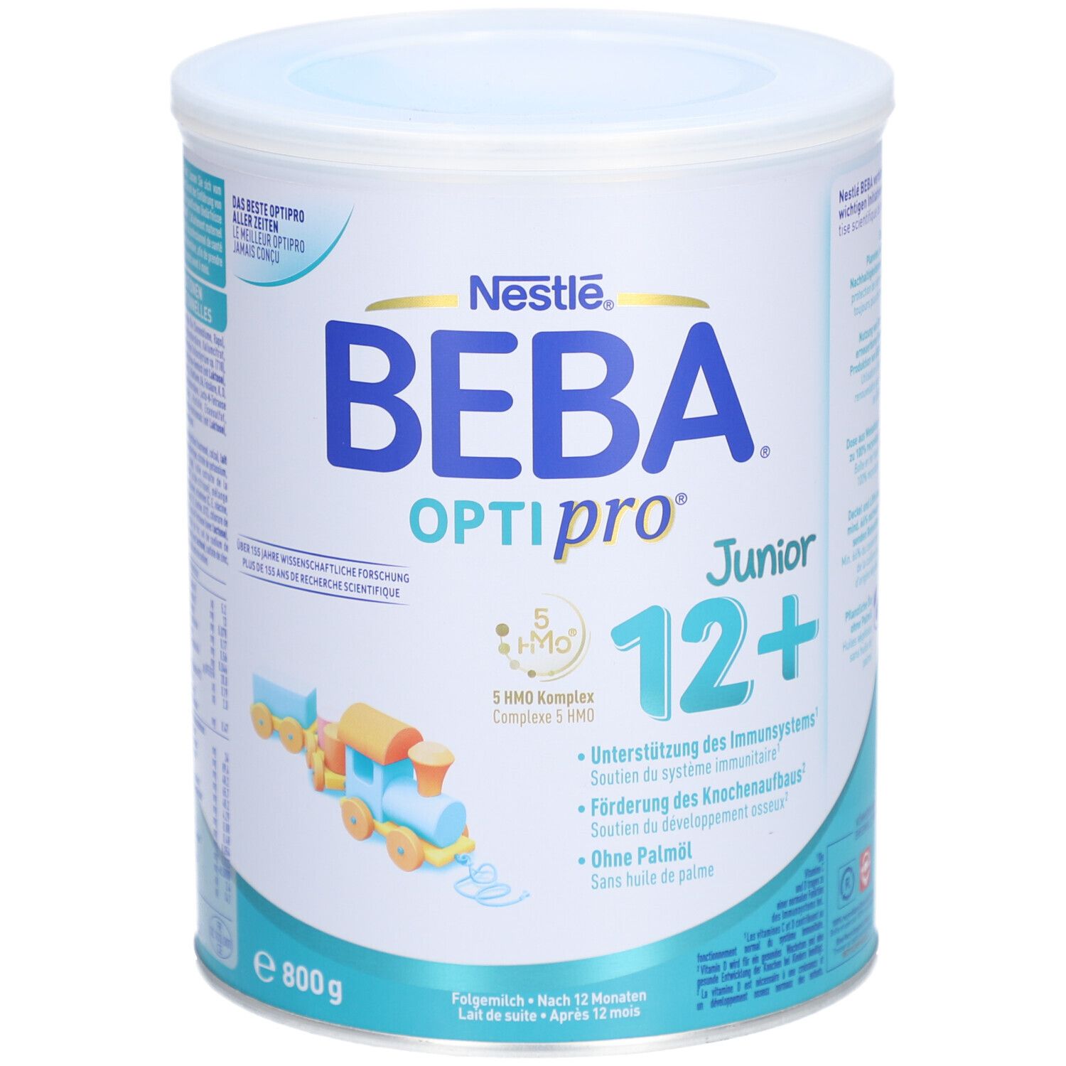 BEBA Optipro Junior 12+ Dose. Blaue und weiße Dose mit Produktnamen, Logo und Inhaltsangaben. 800g.