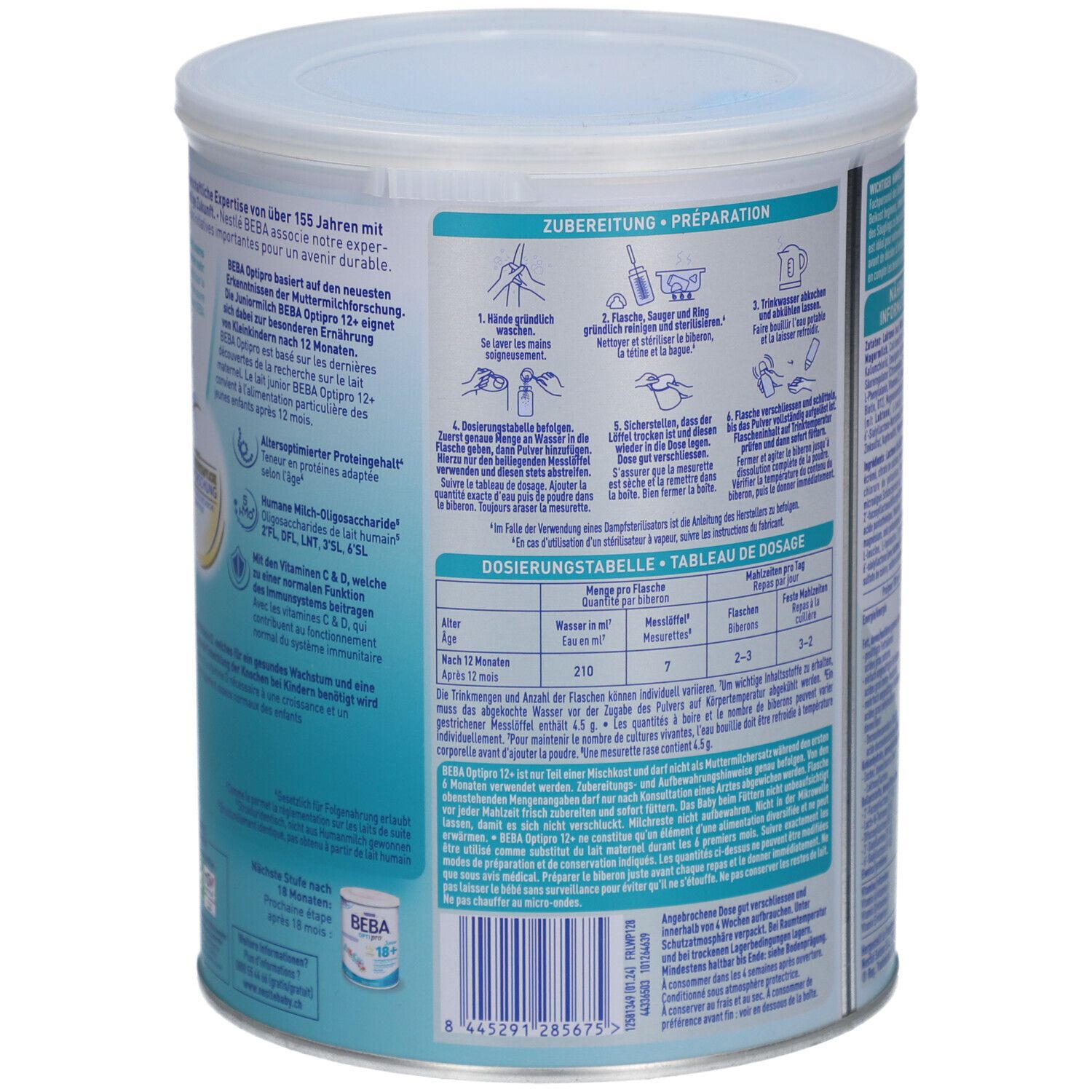 Rückseite der BEBA Optipro Junior 12+ Dose. Zeigt Zubereitungshinweise und Dosierungstabelle. 800g.