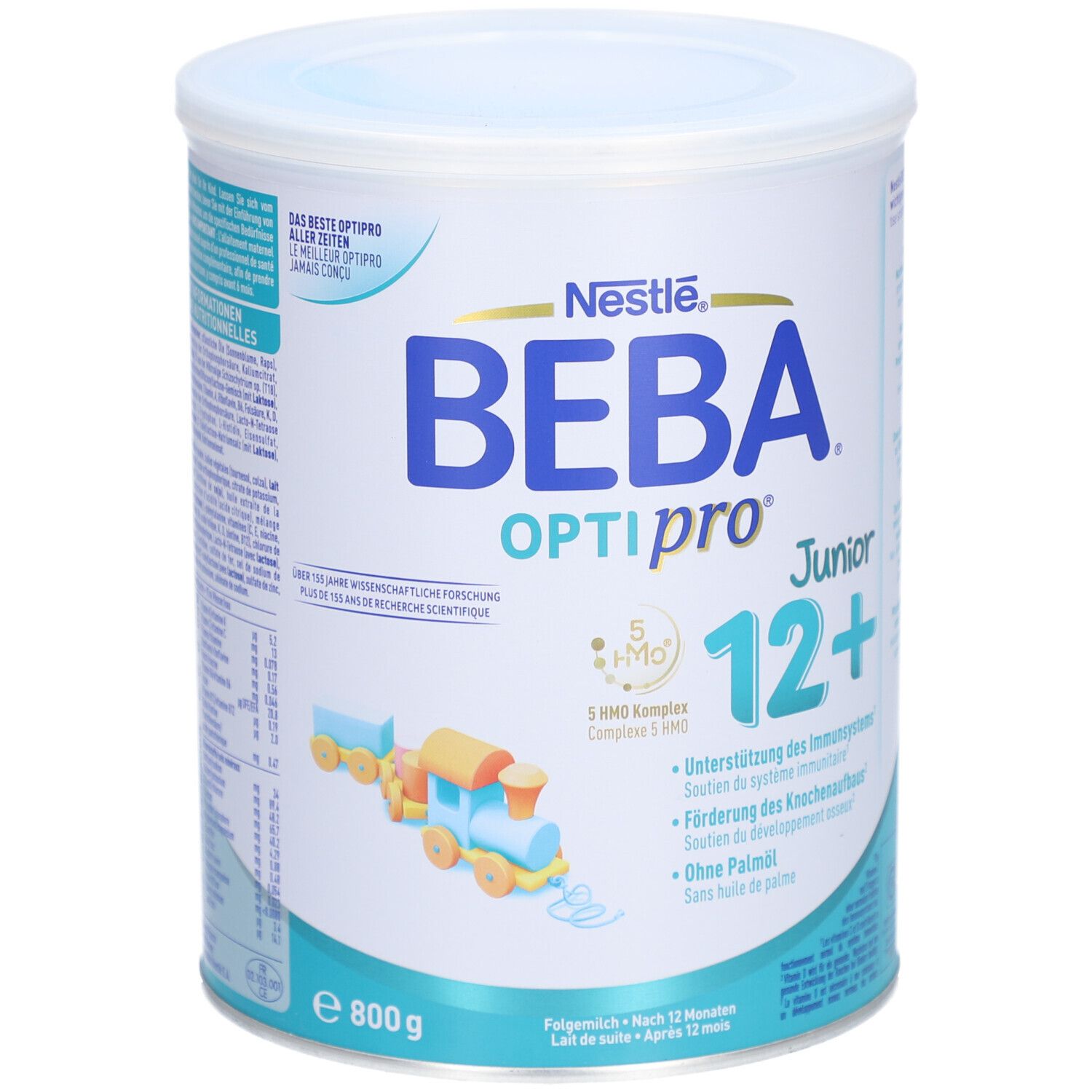 BEBA Optipro Junior 12+ Dose. Blaue und weiße Dose mit Produktnamen, Logo und Inhaltsangaben. 800g.