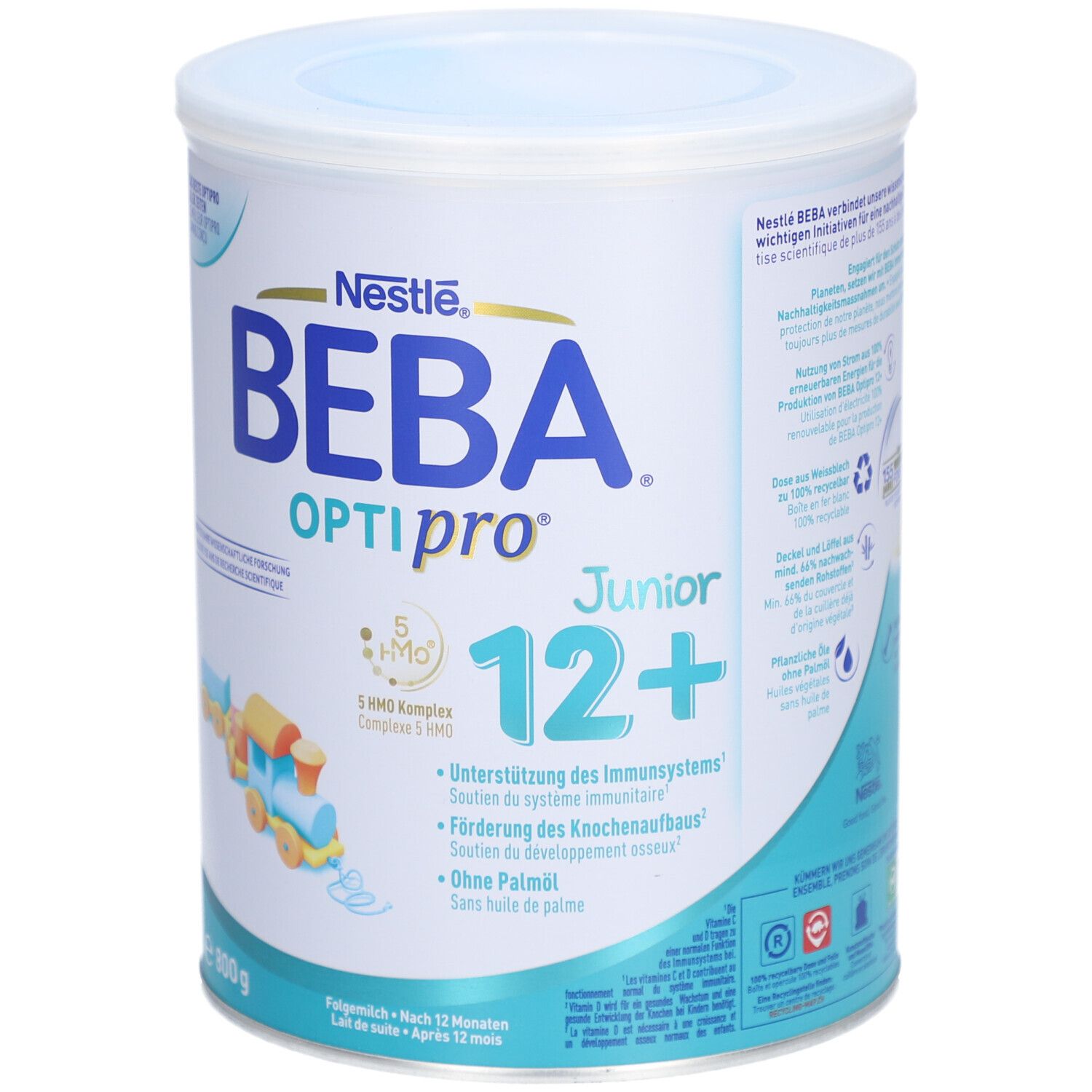 BEBA Optipro Junior 12+ Dose. Blaue und weiße Dose mit Produktnamen, Logo und Inhaltsangaben. 800g.