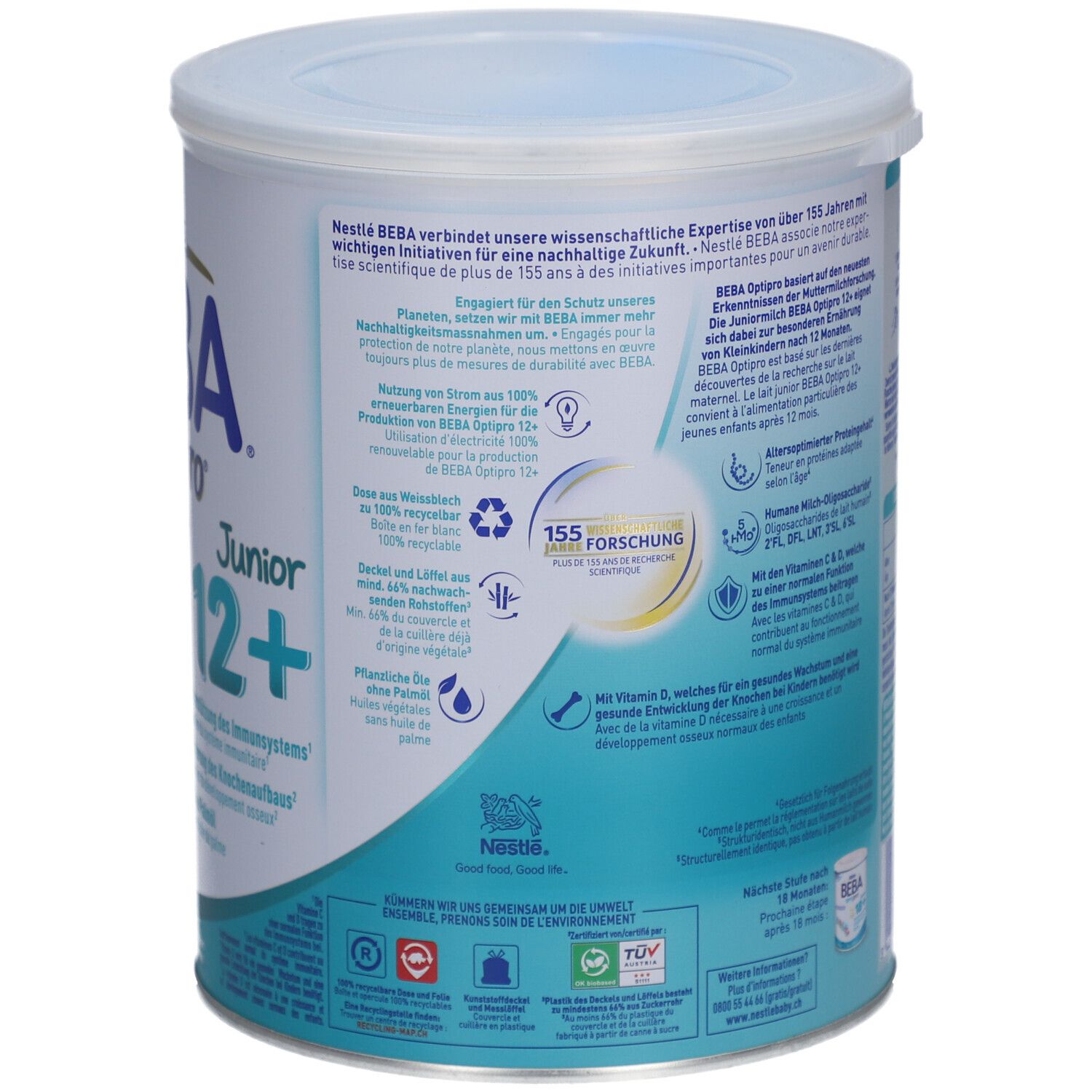 Rückseite der BEBA Optipro Junior 12+ Dose. Enthält Informationen zu Nachhaltigkeit und Forschung. 800g.