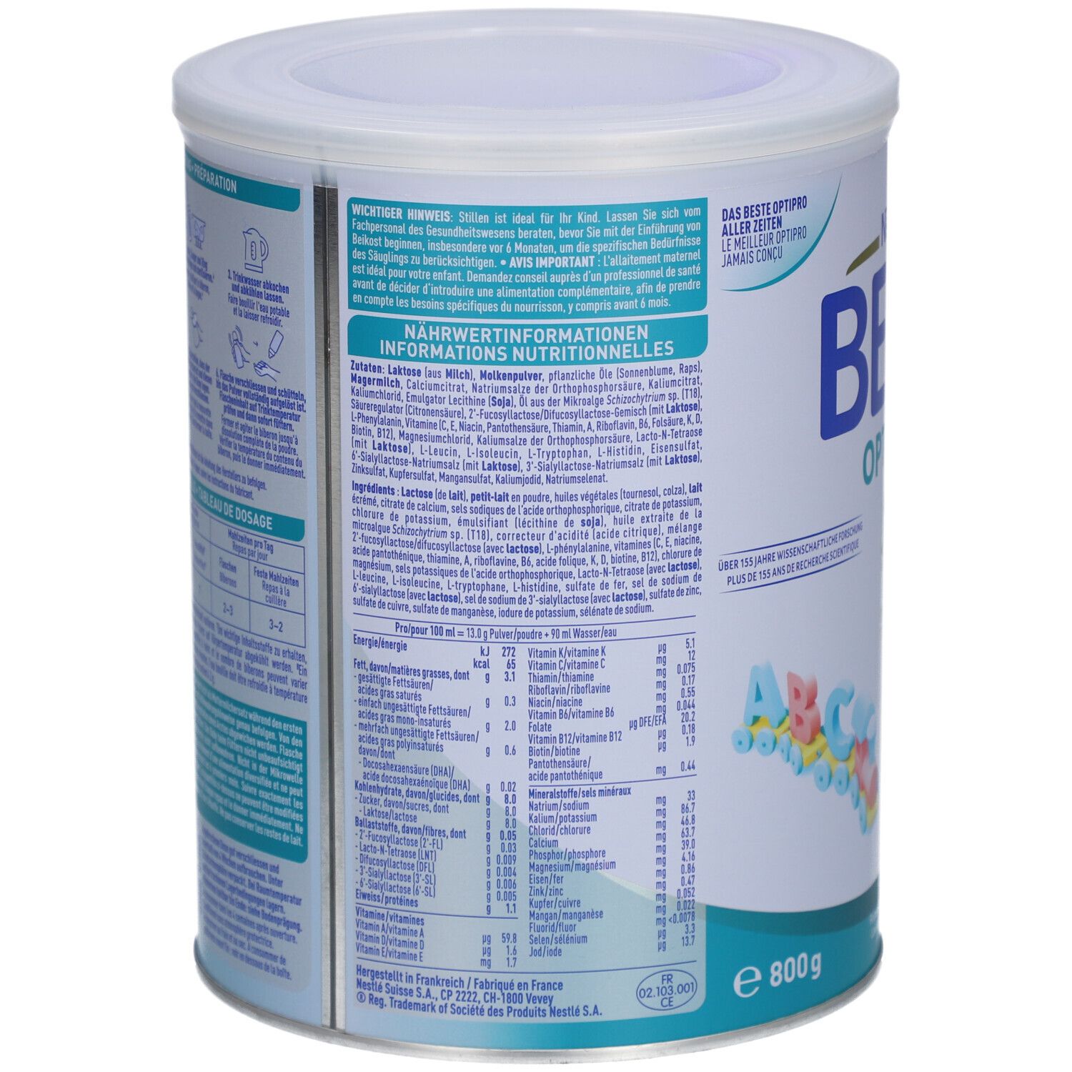 Rückseite der Dose BEBA Optipro Junior 18+. Enthält Nährwertinformationen und Zutatenliste. 800g. Herstellerangaben.