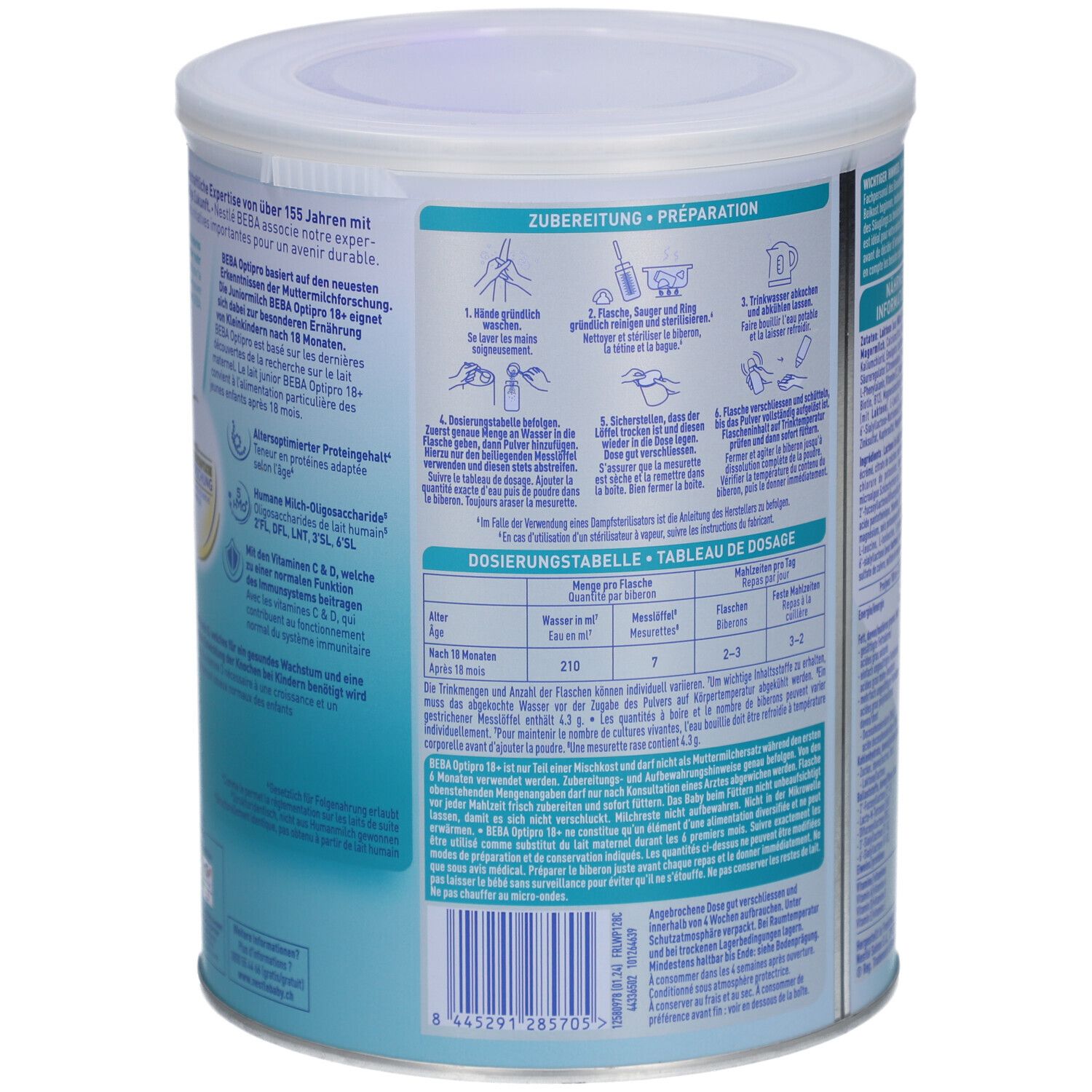 Rückseite der Dose BEBA Optipro Junior 18+. Zubereitungshinweise und Dosierungstabelle. 800g. Herstellerangaben.