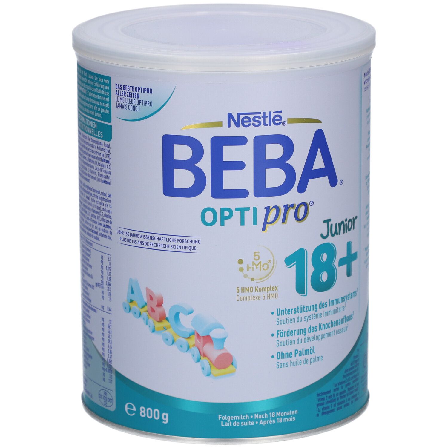 Runde Dose BEBA Optipro Junior 18+. Aufschrift: Nestle, 800g, 5 HMO Komplex, ohne Palmöl. Ab 18 Monaten.
