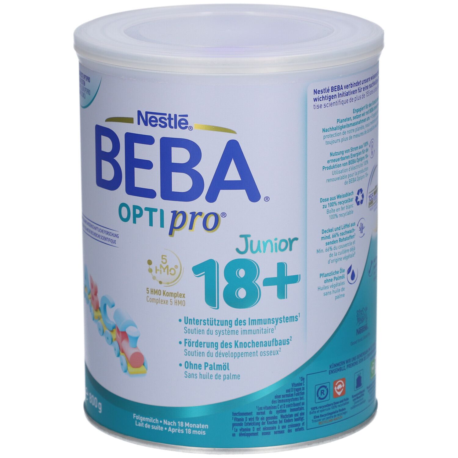 Runde Dose BEBA Optipro Junior 18+. Aufschrift: Nestle, 800g, 5 HMO Komplex, ohne Palmöl. Ab 18 Monaten.