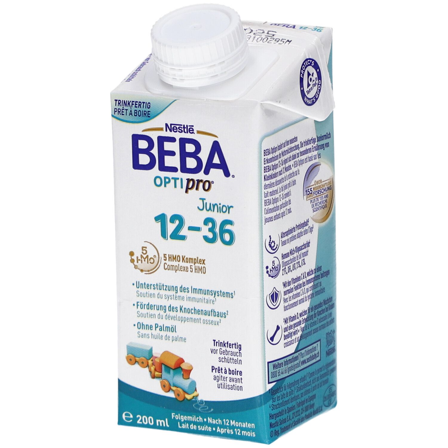 Tetrapack Beba Optipro 12-36, weiß mit blauer Schrift und Illustration. Mit Schraubverschluss. 200 ml.