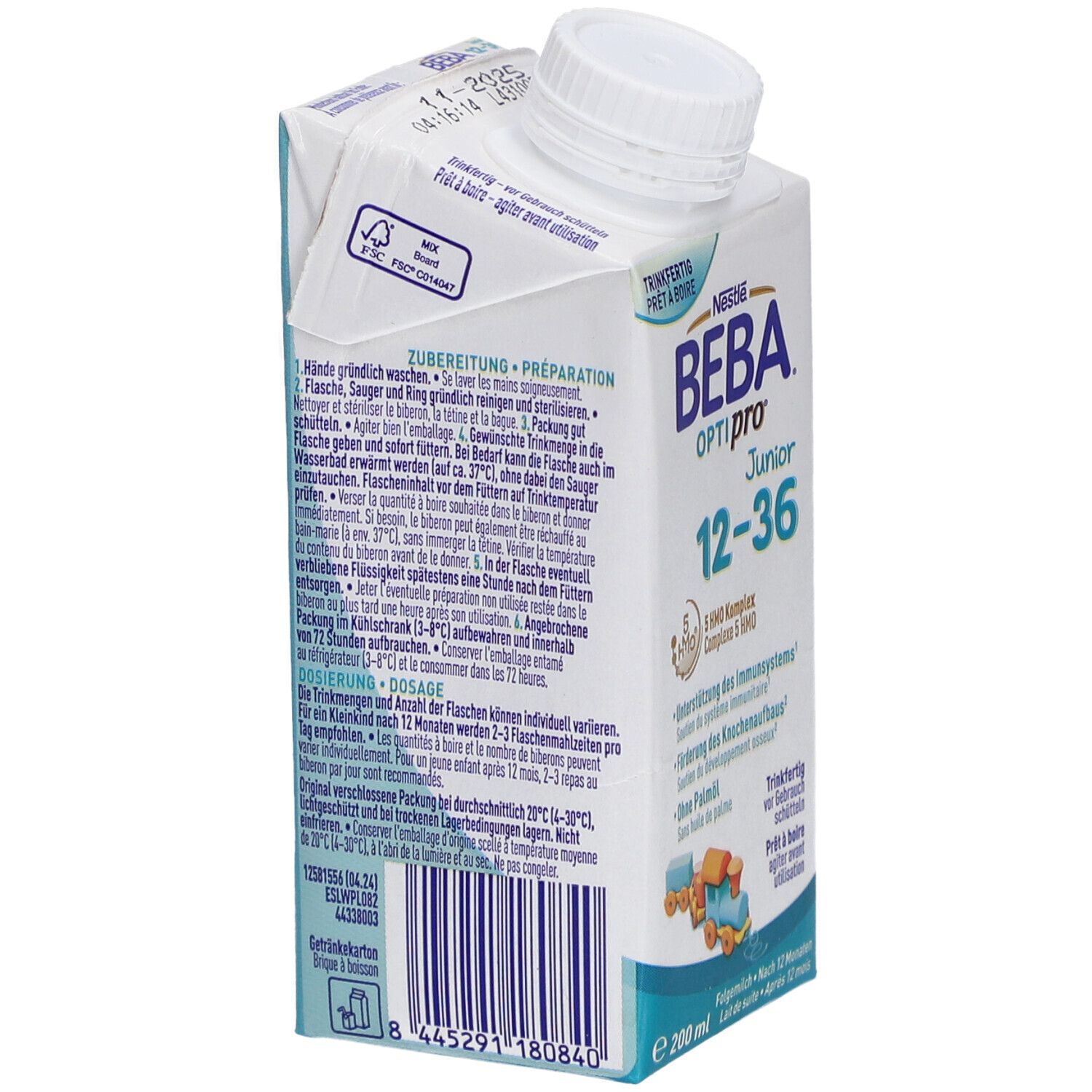 Tetrapack Beba Optipro 12-36, weiß mit blauer Schrift. Schraubverschluss geöffnet. Rückseite mit Text.