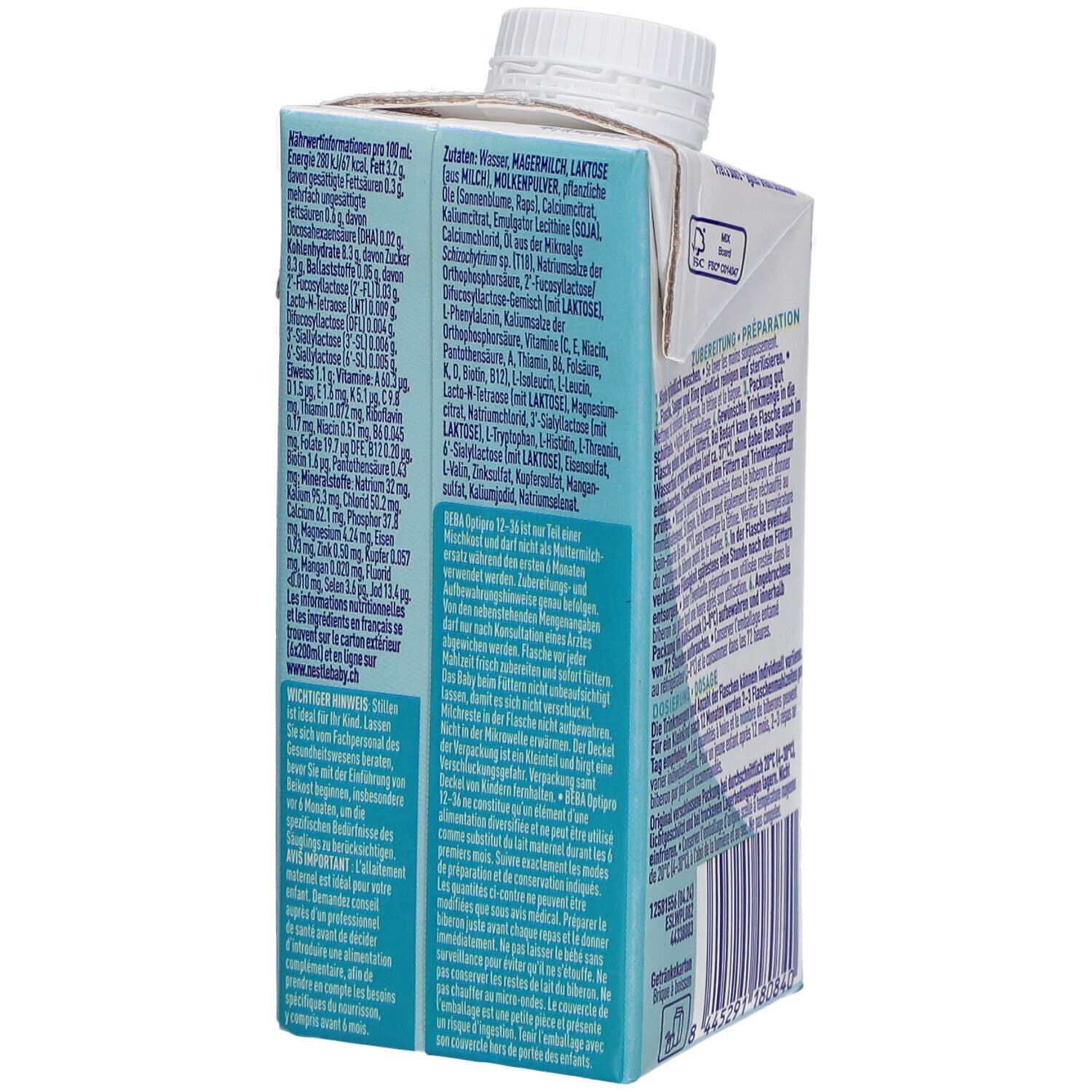 Tetrapack Beba Optipro 12-36, Rückseite mit Nährwertangaben und Zubereitungshinweisen. Weiß und blau.