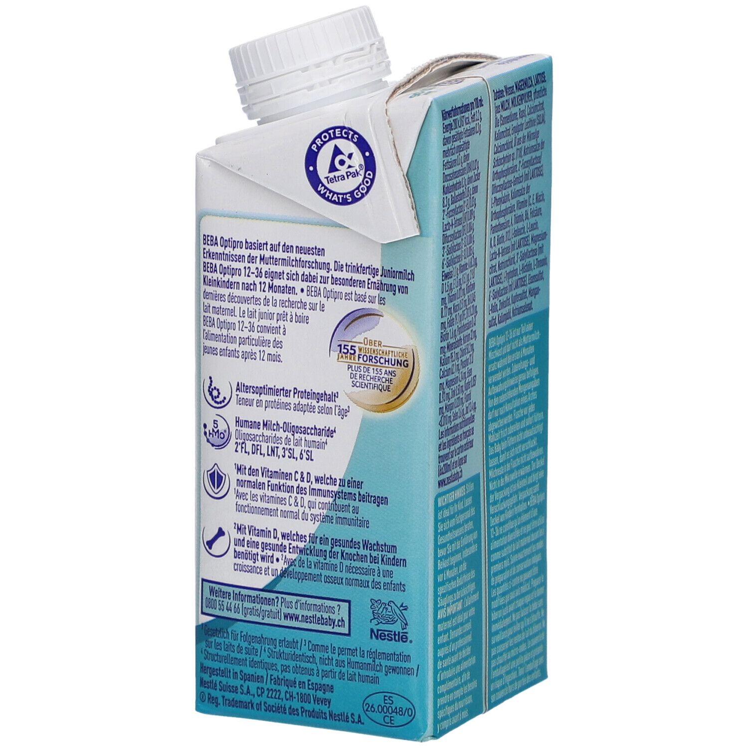 Tetrapack Beba Optipro 12-36, Rückseite mit Text und Logos. Weiß und blau. Tetra Pak Logo.