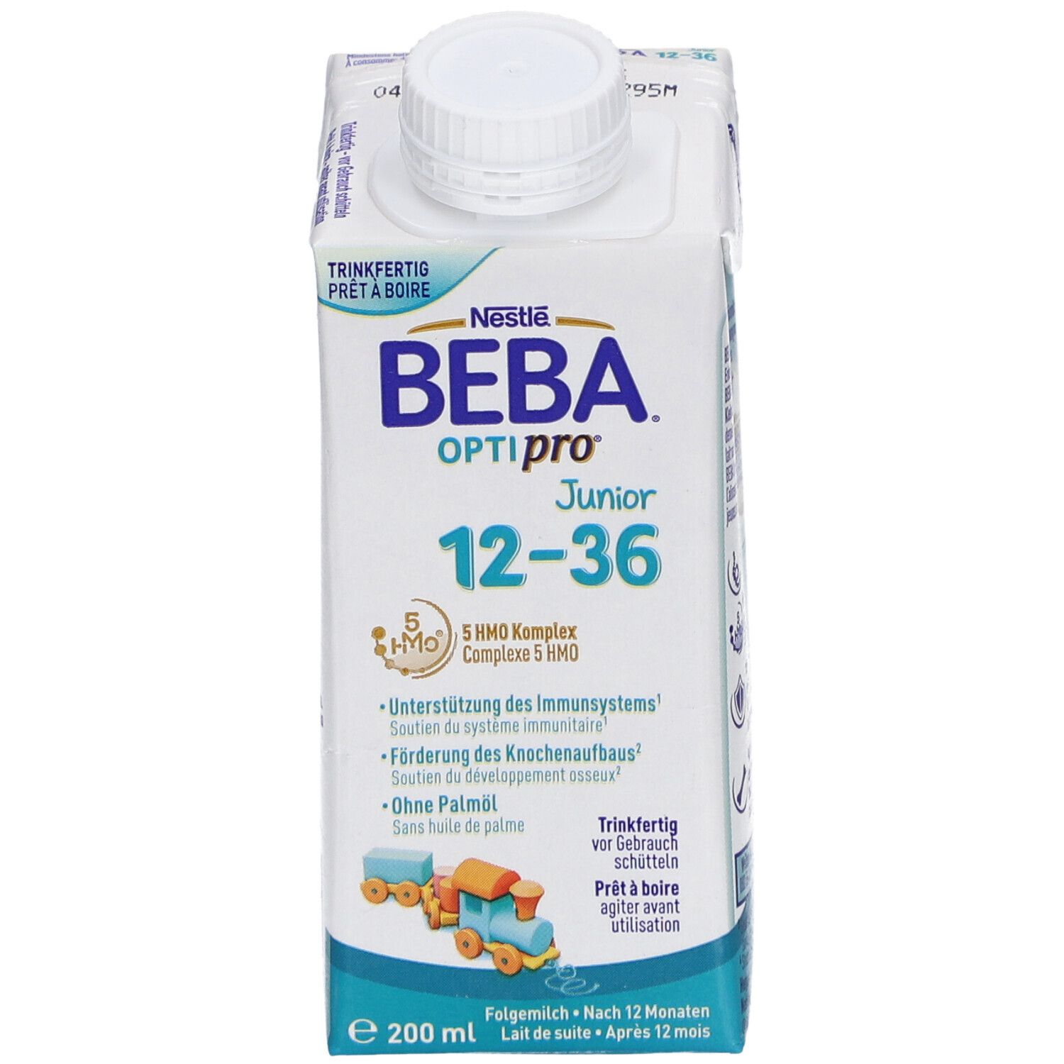Tetrapack Beba Optipro 12-36, weiß mit blauer Schrift und Illustration. Mit Schraubverschluss. 200 ml.