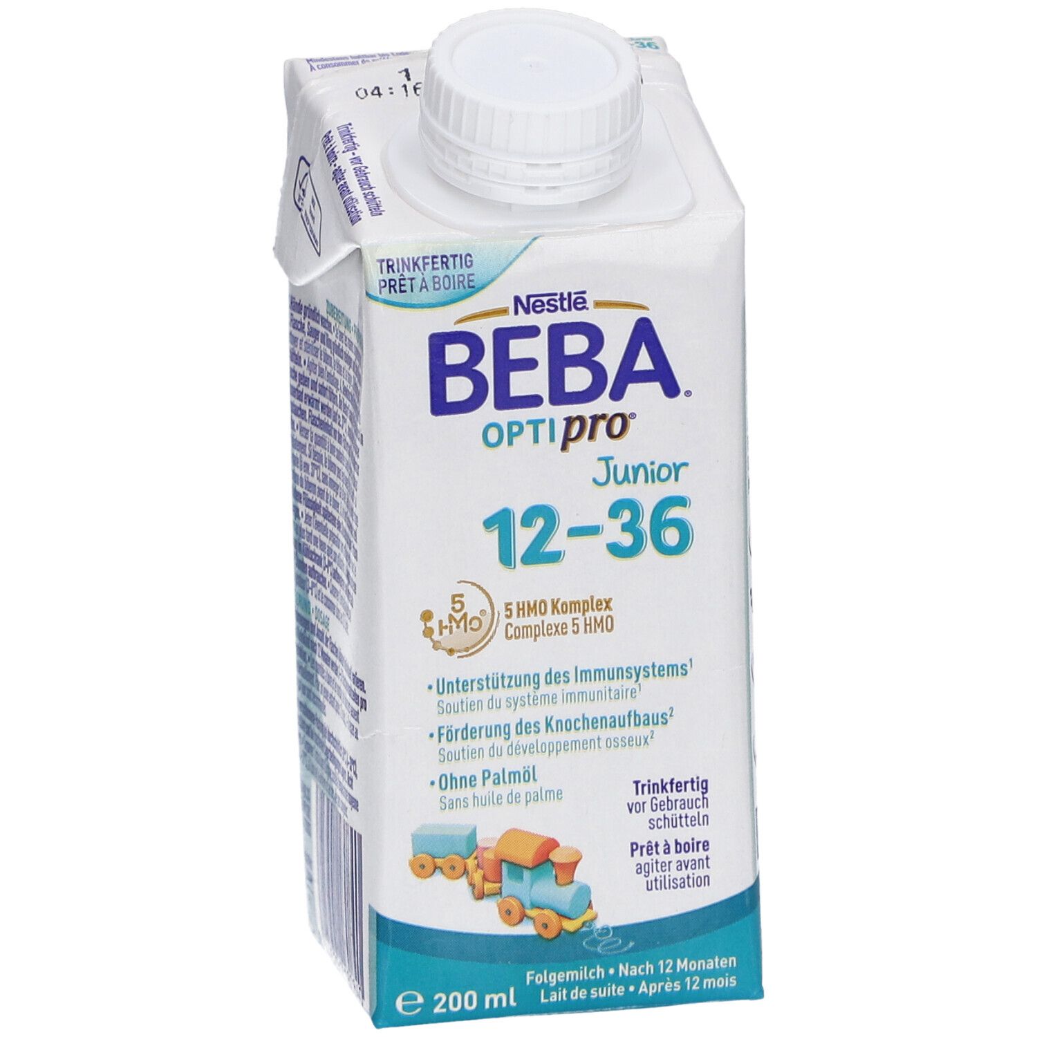 Tetrapack Beba Optipro 12-36, weiß mit blauer Schrift und Illustration. Mit Schraubverschluss. 200 ml.