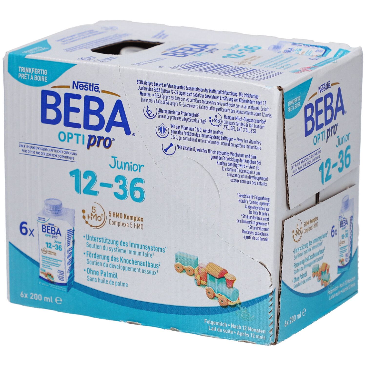 BEBA Optipro Junior 12-36 Kindermilch-Packung. 6 Flaschen, 200ml. Enthält 5 HMO Komplex. Ohne Palmöl. Karton mit Produktabbildung.