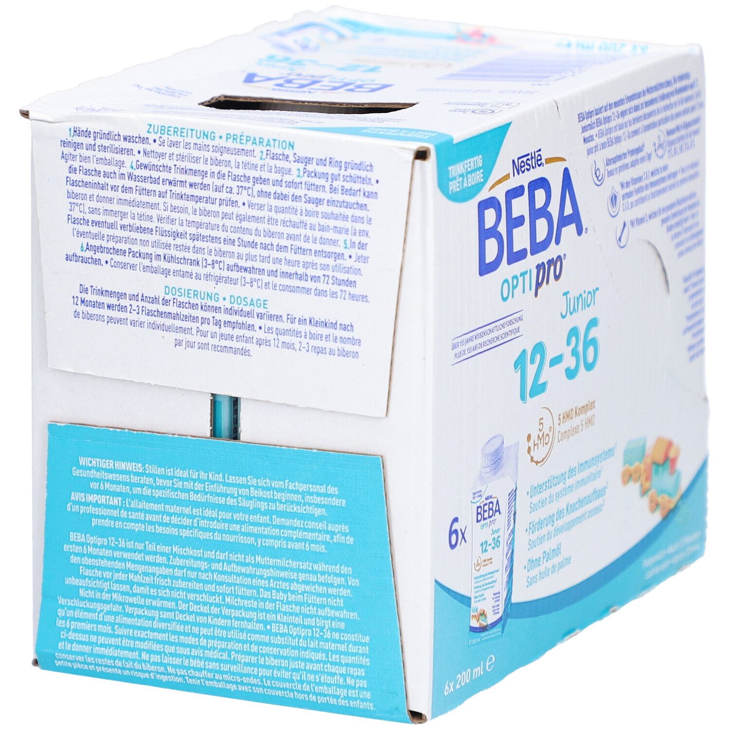 BEBA Optipro Junior 12-36 Packung. Rückseite mit Zubereitungsanleitung und Dosierung. 6 Flaschen, 200ml. Karton mit Produktabbildung.