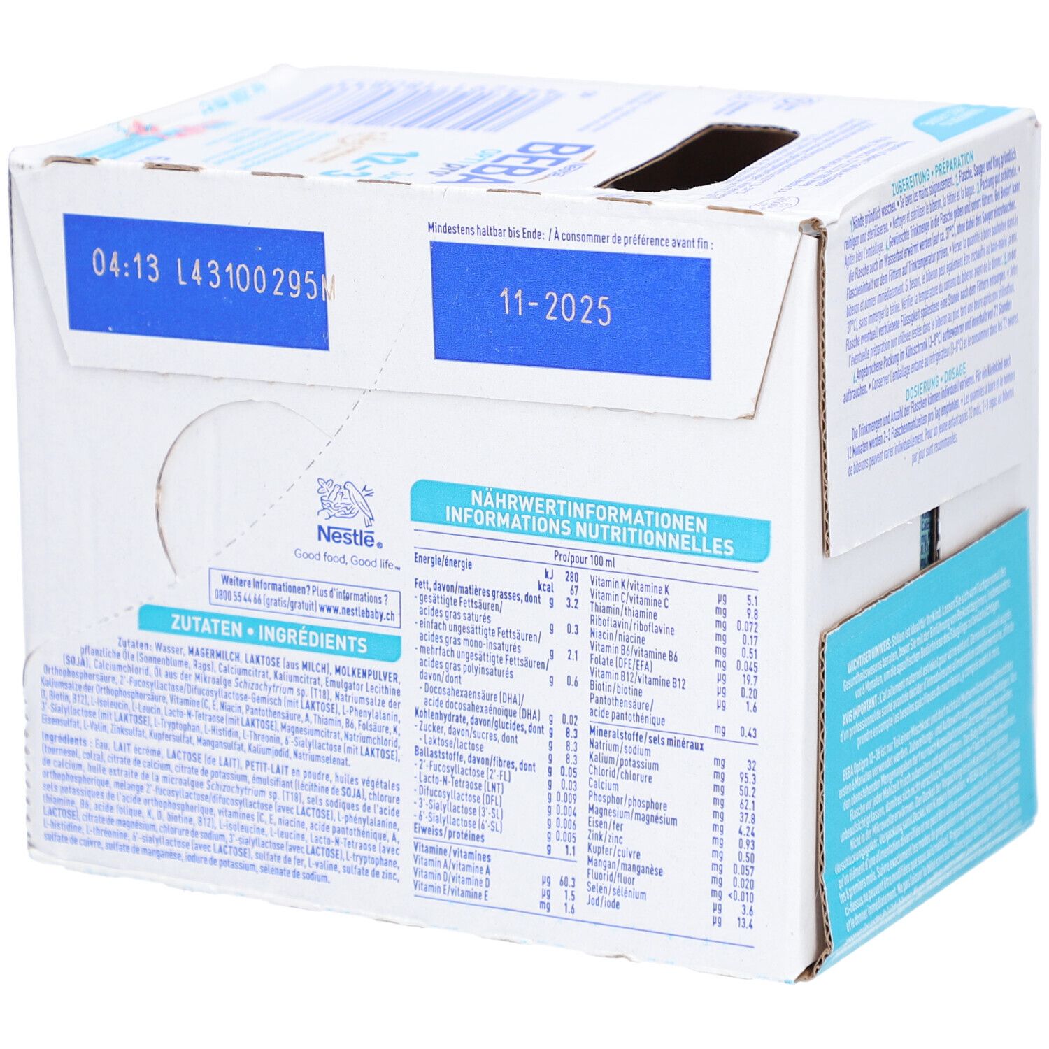 BEBA Optipro Junior 12-36 Packung. Rückseite mit Nährwertinformationen und Zutaten. Mindesthaltbarkeitsdatum 11-2025.