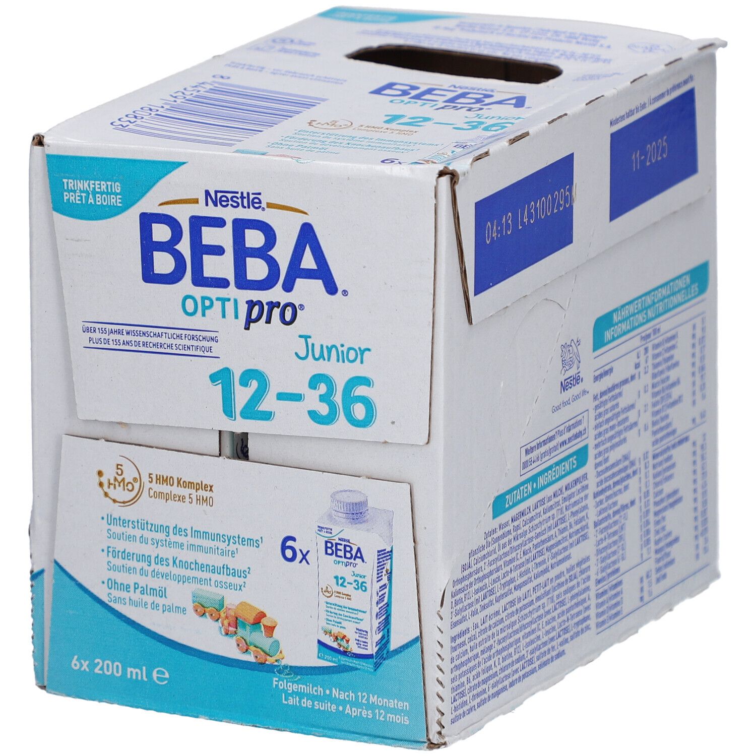 BEBA Optipro Junior 12-36 Packung. Vorderseite mit Produktabbildung. 6 Flaschen, 200ml. Mindesthaltbarkeitsdatum 11-2025.