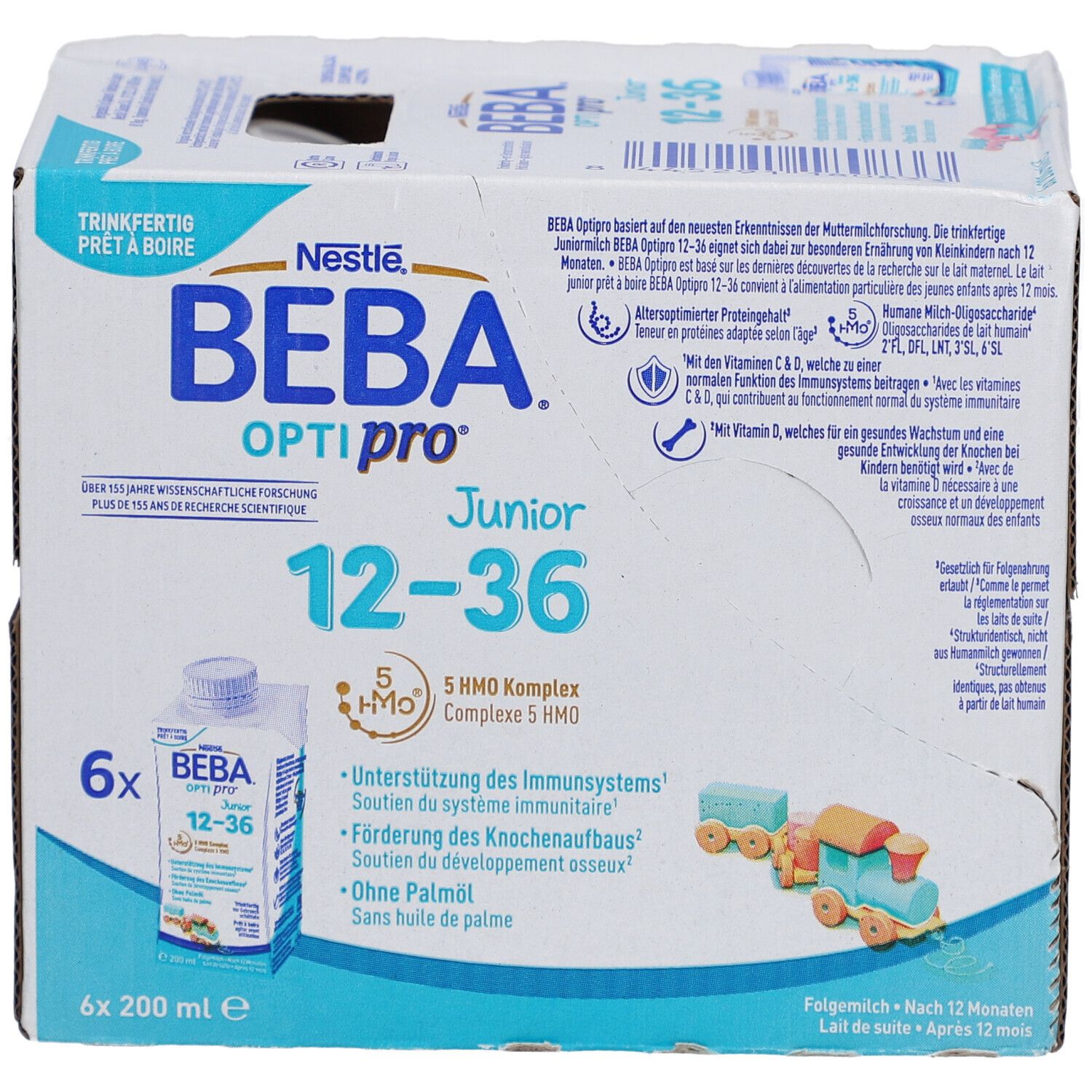 BEBA Optipro Junior 12-36 Packung. Vorderseite mit Produktabbildung. 6 Flaschen, 200ml. Enthält 5 HMO Komplex. Ohne Palmöl.