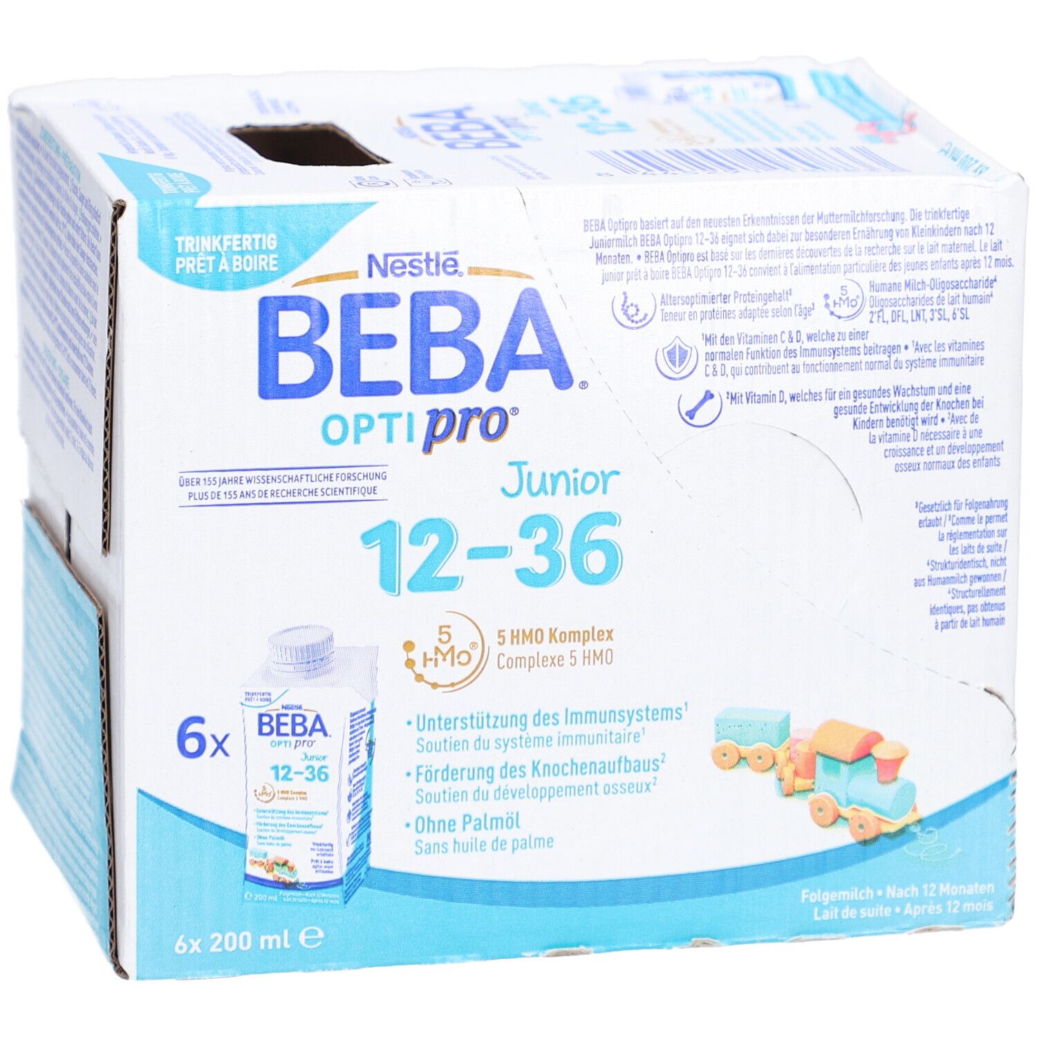 BEBA Optipro Junior 12-36 Packung. Vorderseite mit Produktabbildung. 6 Flaschen, 200ml. Enthält 5 HMO Komplex. Ohne Palmöl.