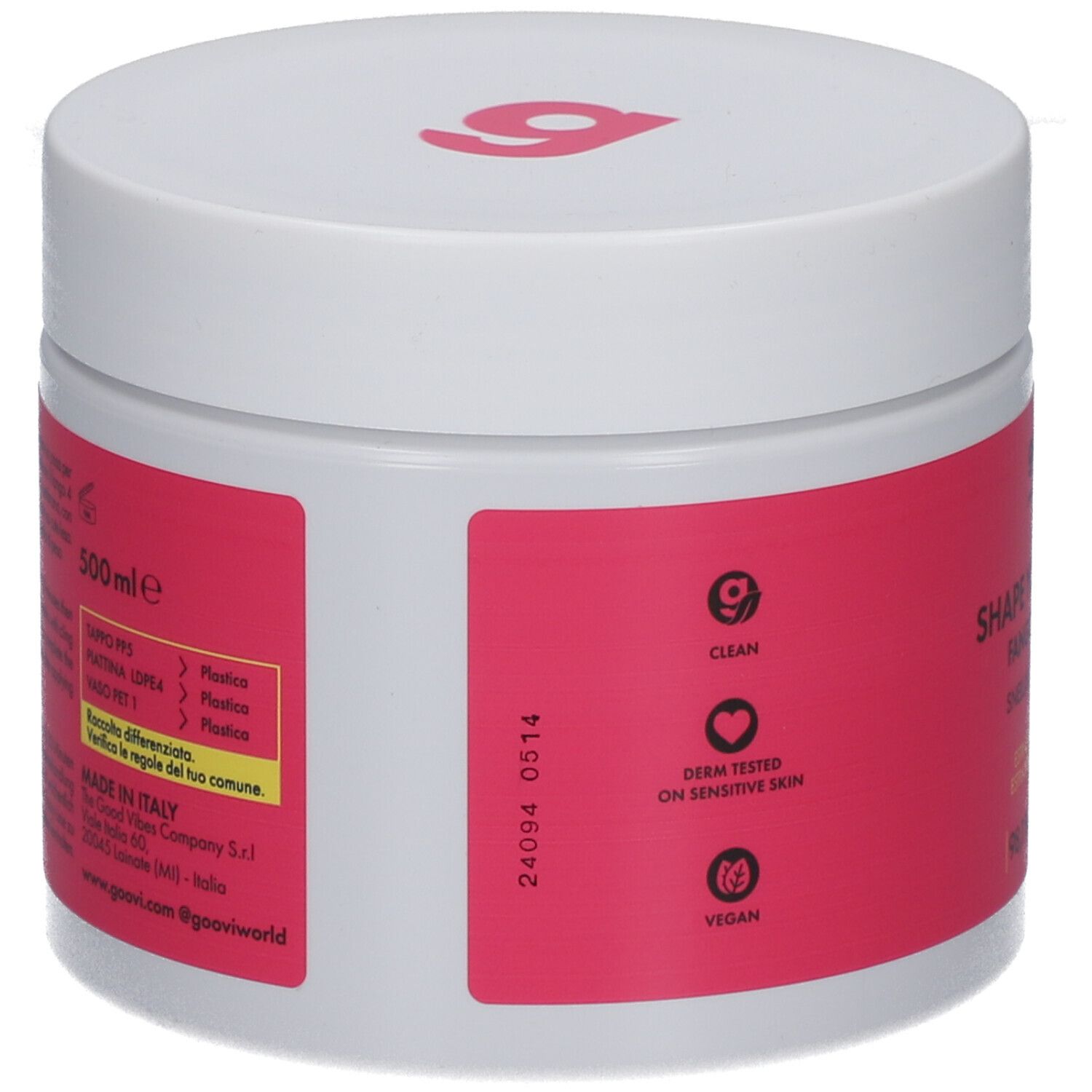 Weißer Tiegel mit pinkfarbenem Etikett. Aufschrift: Clean, Derm Tested, Vegan. Goovi Logo. 500ml.