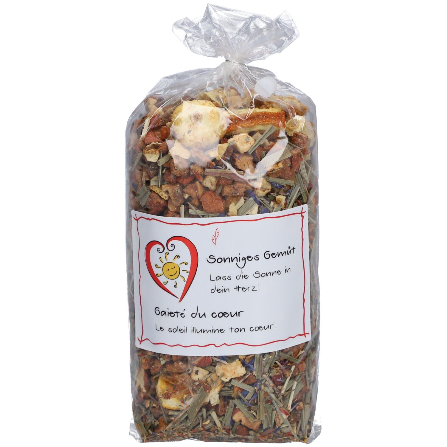 Sachet transparent de thé. Étiquette avec logo cœur et texte: Sonniges Gemüt, Gaieté du coeur.