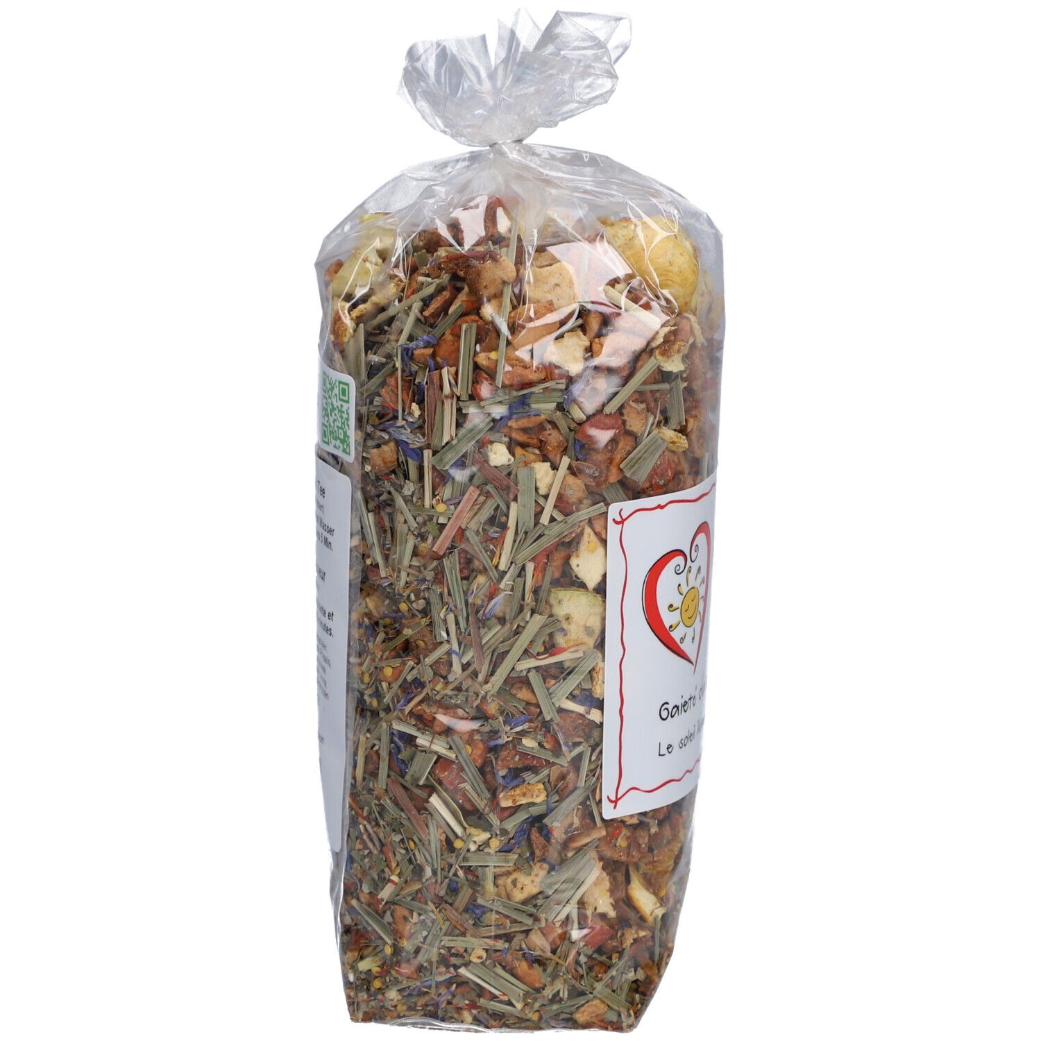 Sachet transparent de thé. Étiquette avec logo cœur et texte: Sonniges Gemüt, Gaieté du coeur.