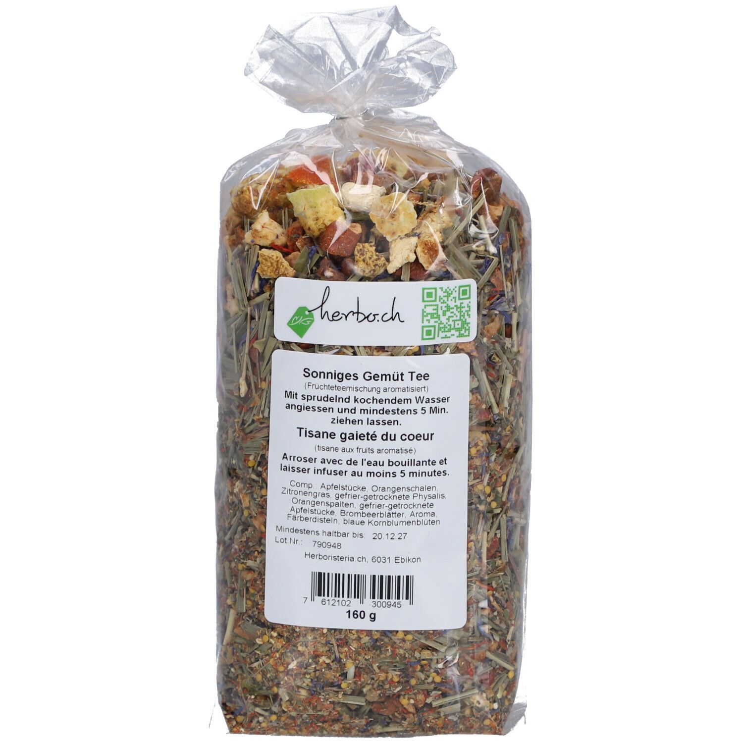 Sachet transparent de thé. Étiquette avec texte: Sonniges Gemüt Tee, Herboristeria, 160 g.