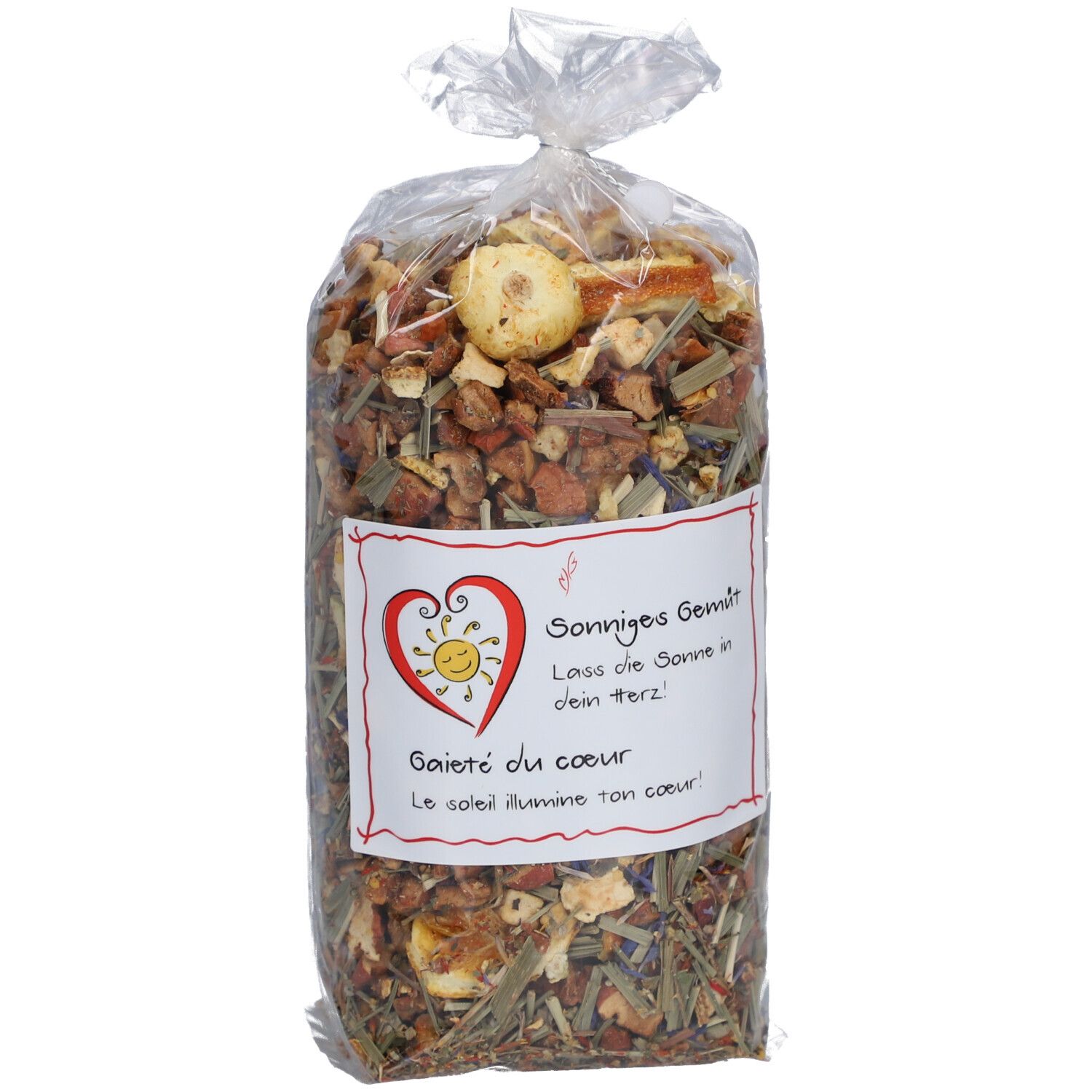 Sachet transparent de thé. Étiquette avec logo cœur et texte: Sonniges Gemüt, Gaieté du coeur.