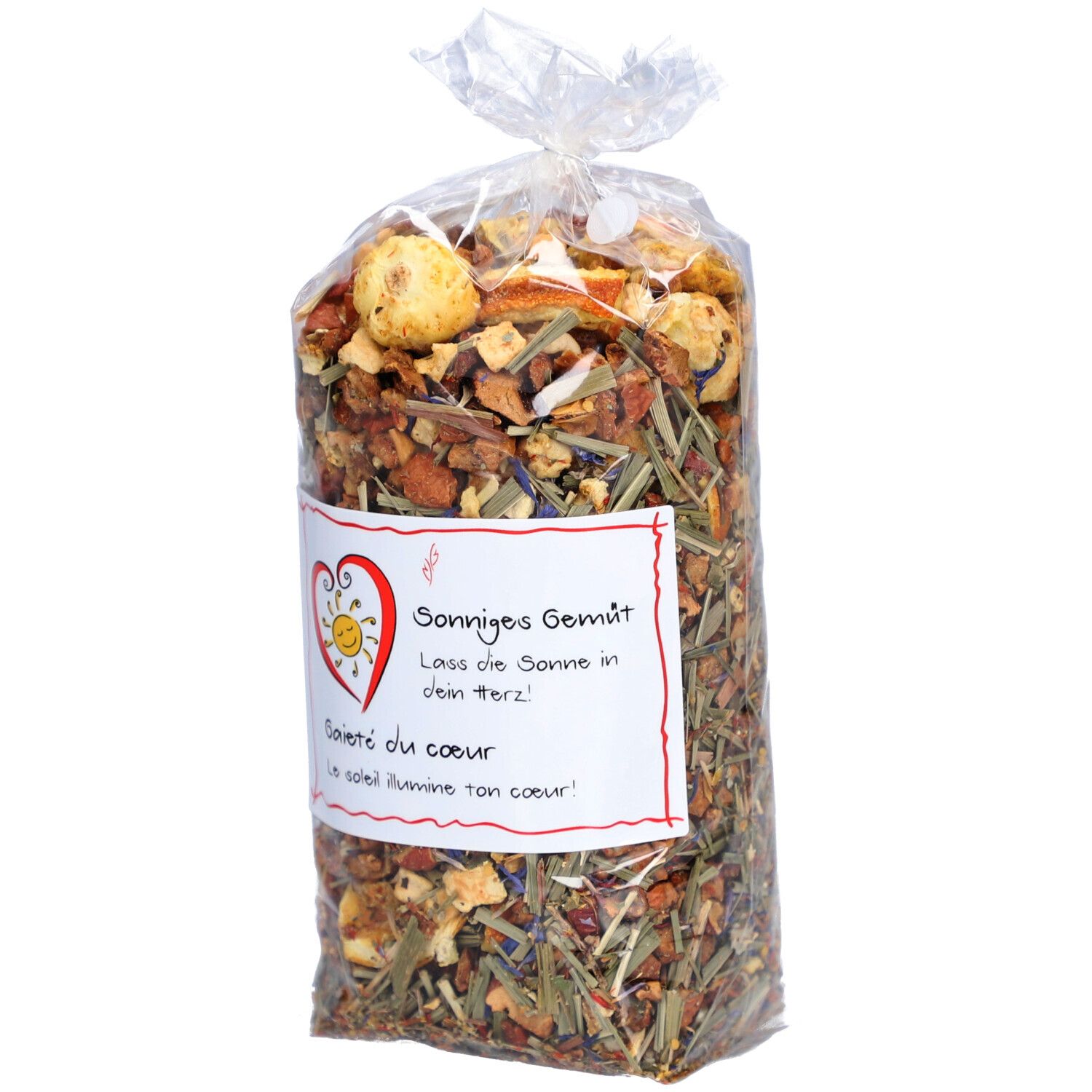 Sachet transparent de thé. Étiquette avec logo cœur et texte: Sonniges Gemüt, Gaieté du coeur.