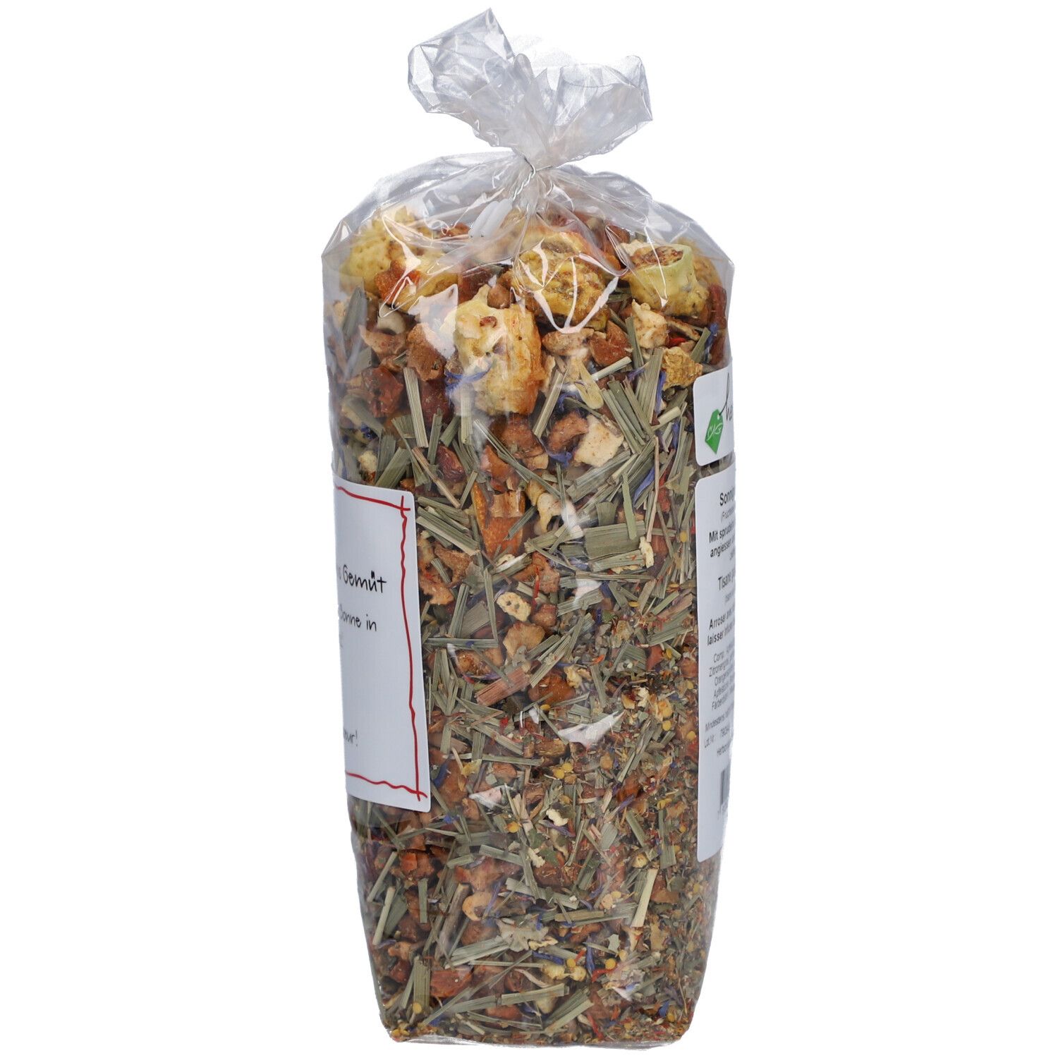 Sachet transparent de thé. Étiquette avec texte: Sonniges Gemüt, Herboristeria.