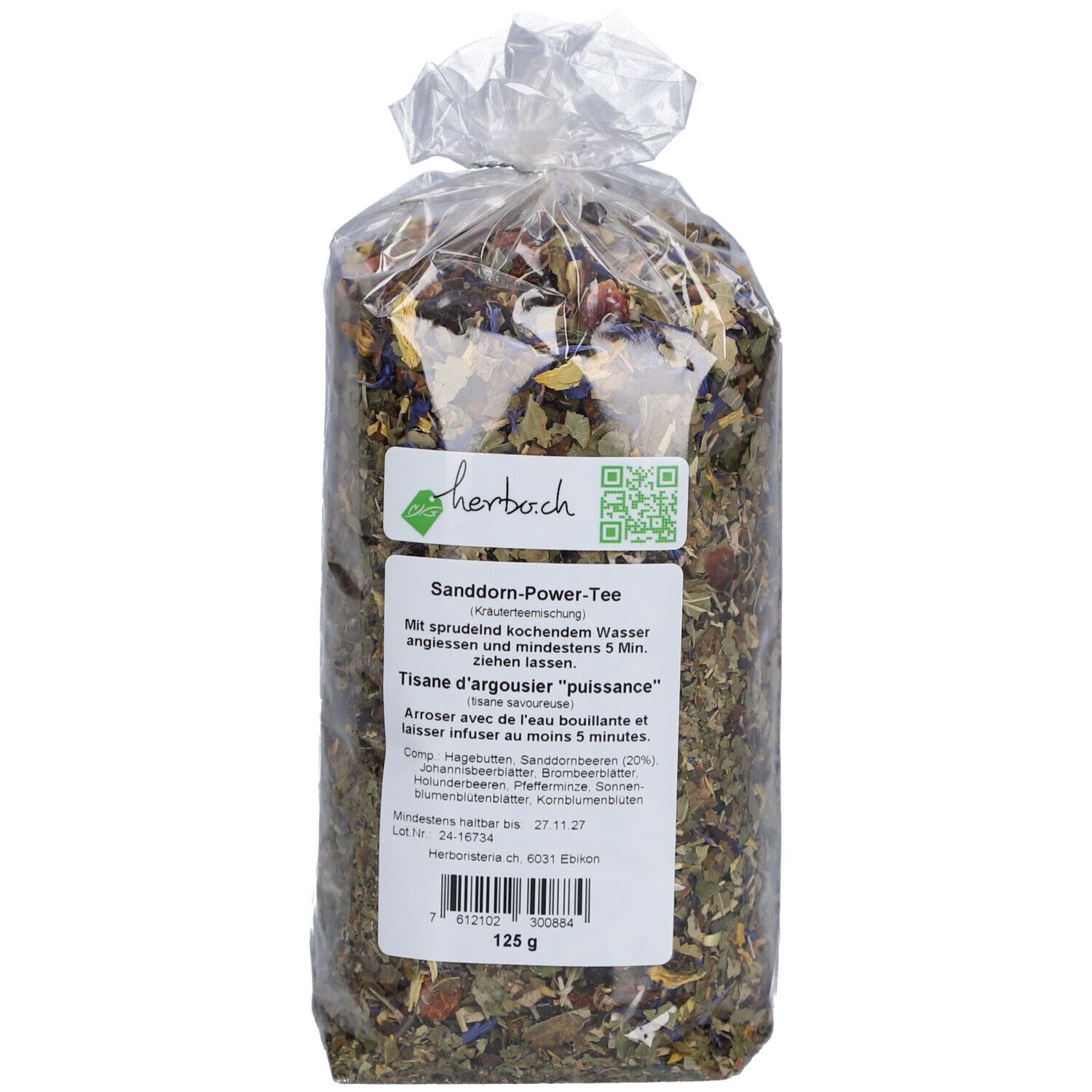 Sachet de mélange de plantes. Étiquette avec informations produit et QR code. 125g.