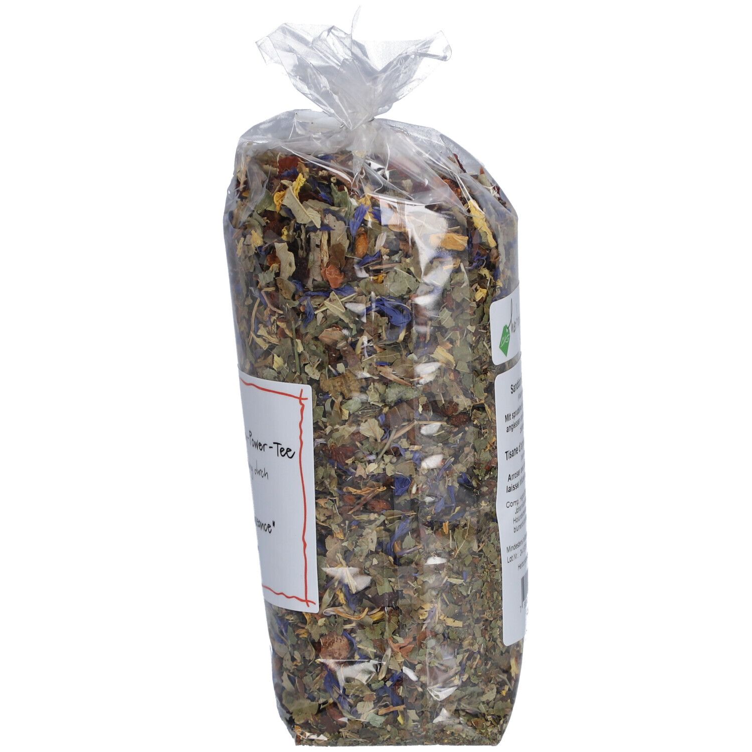 Sachet transparent avec mélange de plantes. Étiquette avec nom du produit et texte.