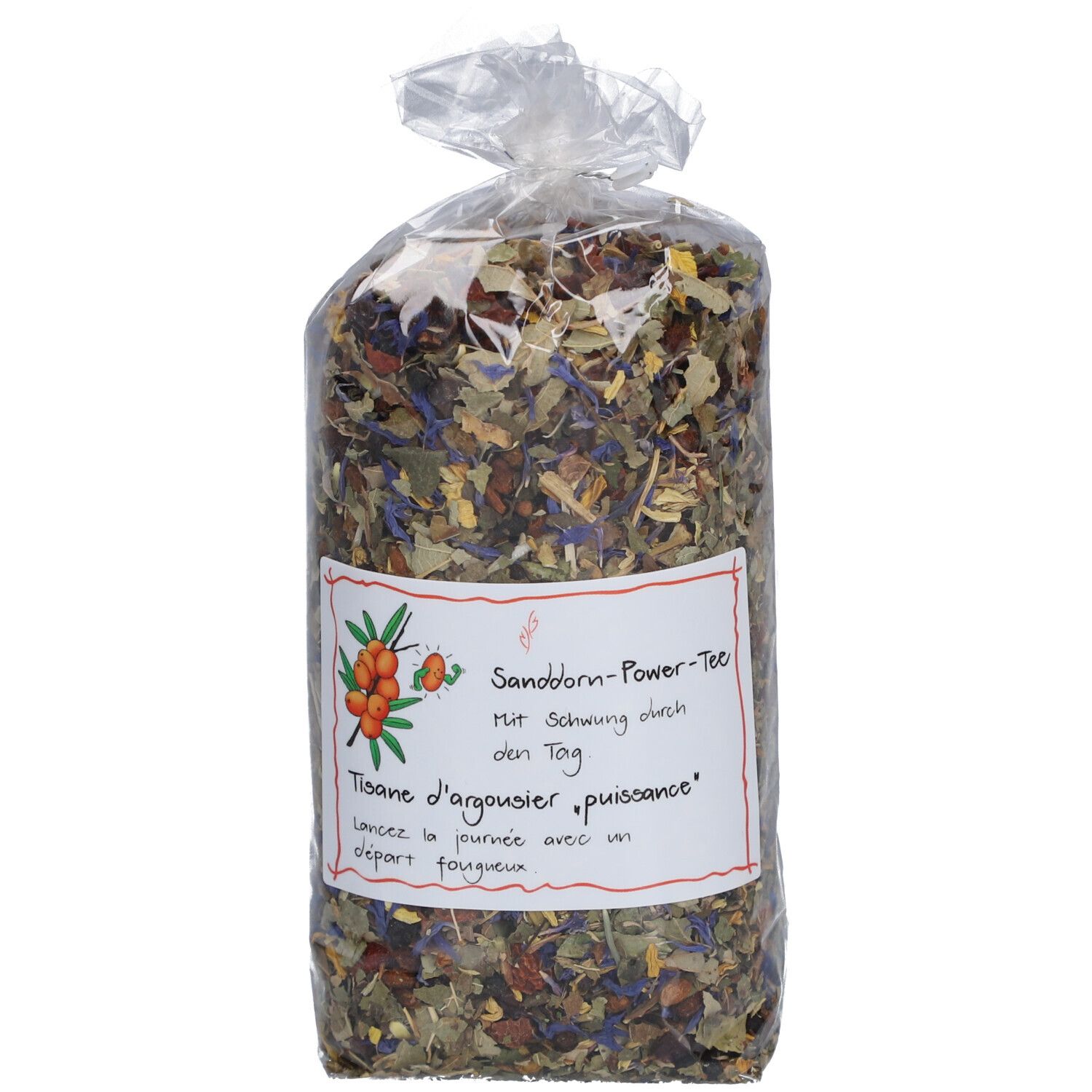 Sachet avec mélange de plantes. Étiquette avec nom du produit et illustration d'argousier.