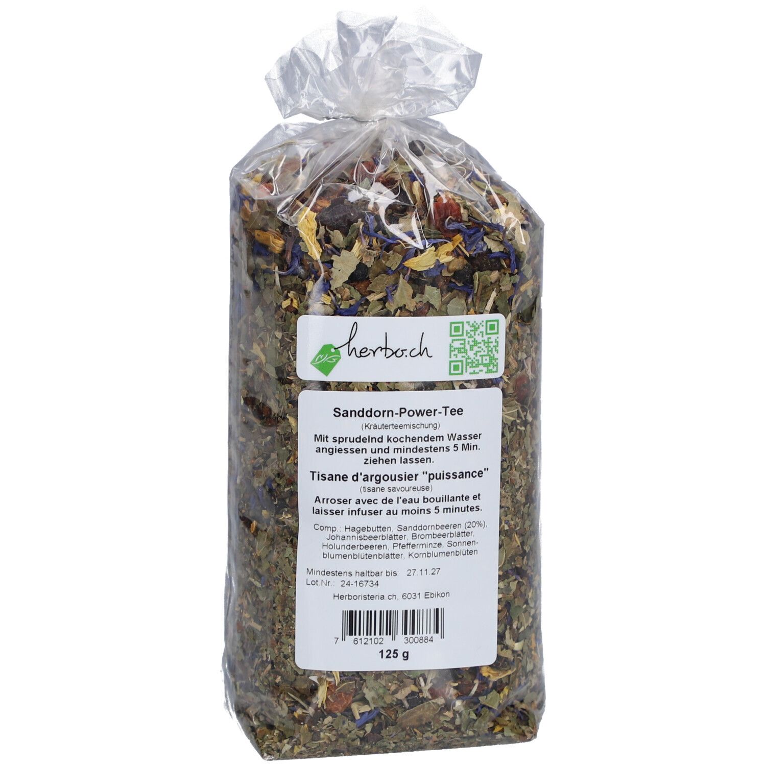 Sachet de mélange de plantes. Étiquette avec informations produit et QR code. 125g.