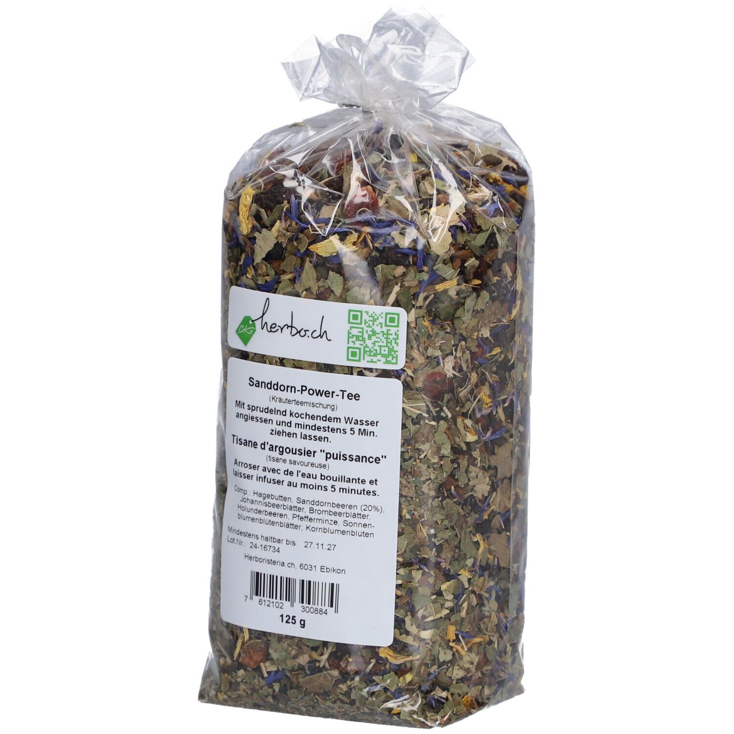 Sachet de mélange de plantes. Étiquette avec informations produit et QR code. 125g.