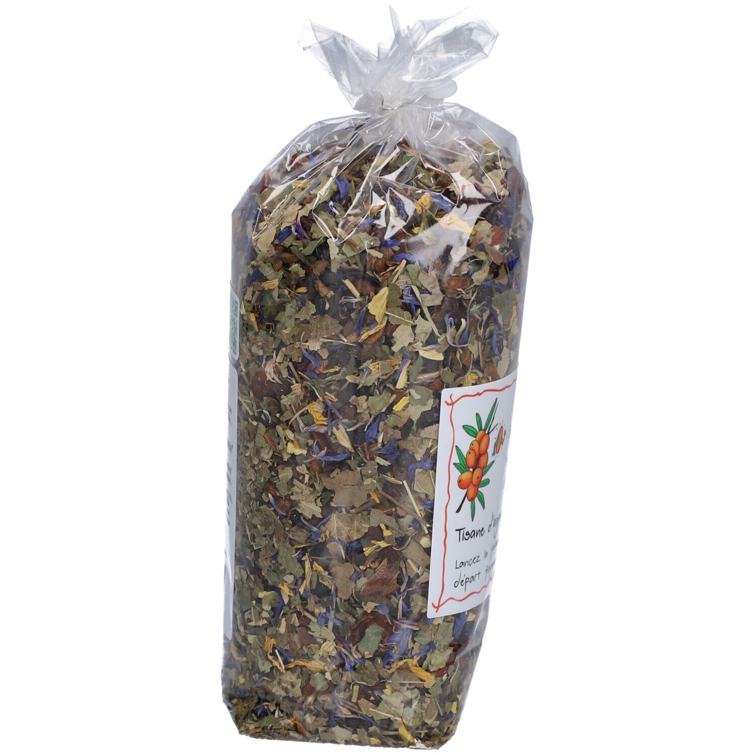 Sachet transparent avec mélange de plantes. Étiquette avec nom du produit et illustration.