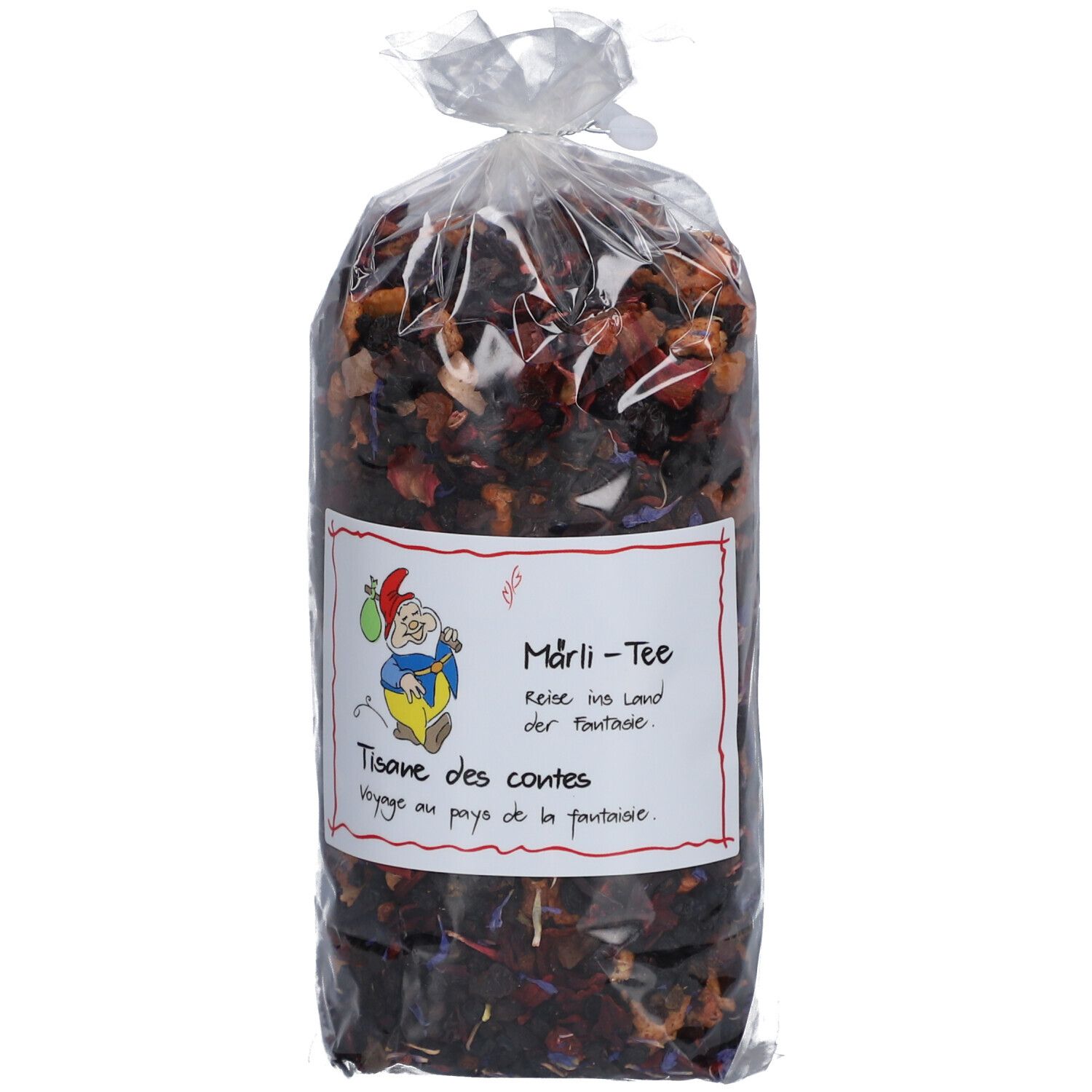 Teebeutel in transparenter Verpackung. Aufkleber mit Text und Cartoon-Figur.