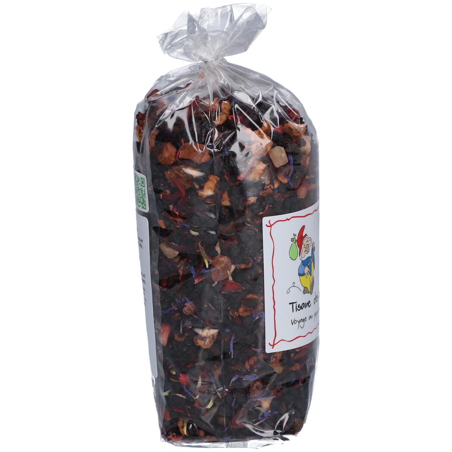 Transparente Verpackung mit Tee. Aufkleber mit Text und Cartoon-Figur.