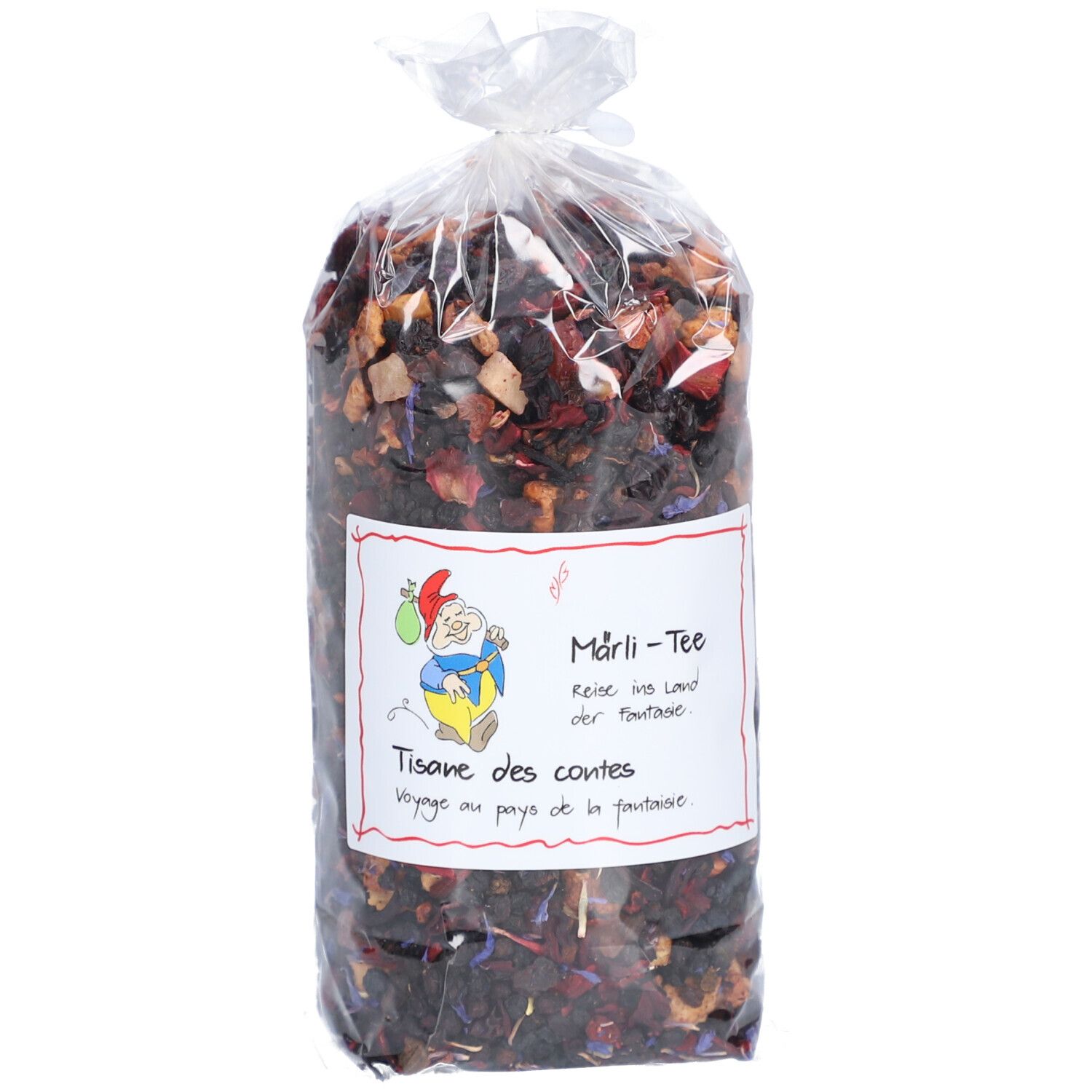 Teebeutel in transparenter Verpackung. Aufkleber mit Text und Cartoon-Figur.