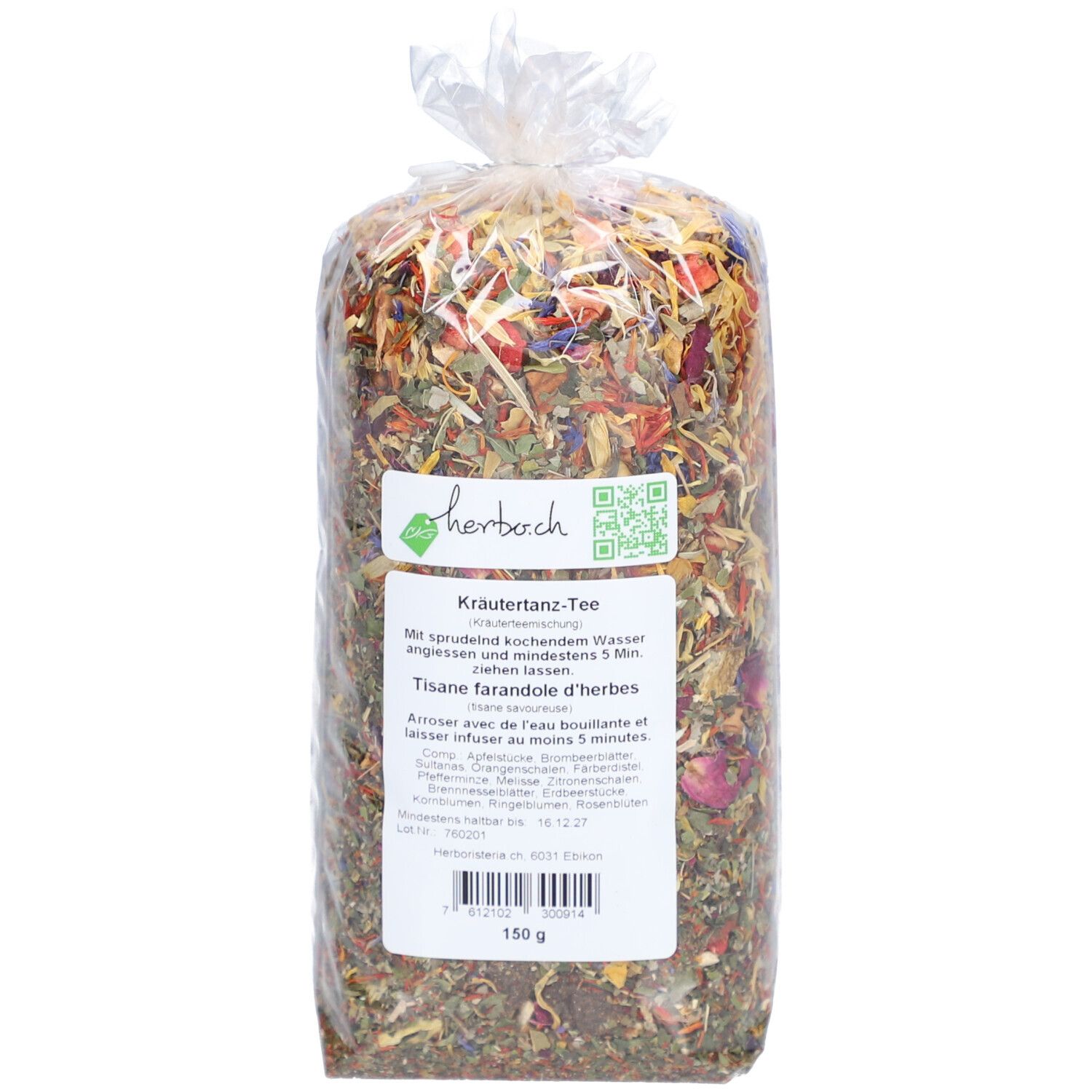 Kräutertanz-Tee in transparenter Verpackung. Etikett mit Produktname, Zubereitung und QR-Code.