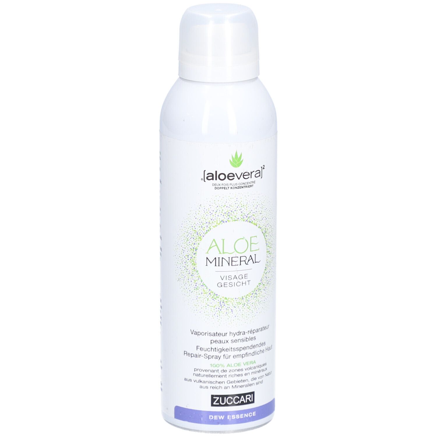 Weiße Sprühflasche mit grünem Logo und Schriftzug. Produktname: Aloe Mineral Visage Gesicht. Zuccari-Logo unten.