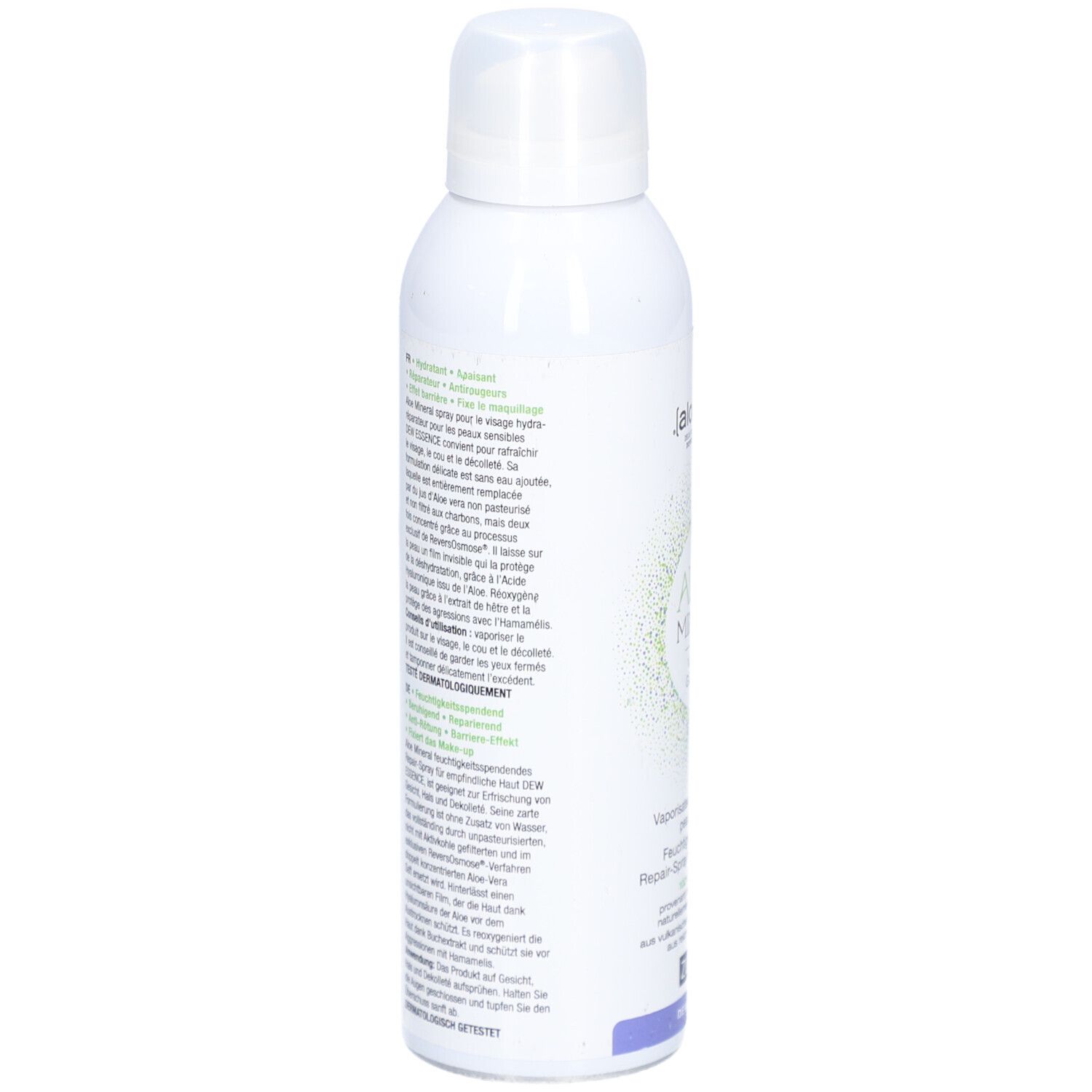 Weiße Sprühflasche, Seitenansicht. Text in mehreren Sprachen. Informationen zum Produkt und Inhaltsstoffen.